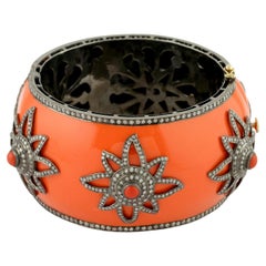 Starburst Motif On Coral Enameled Cuff Made in 18k Gold