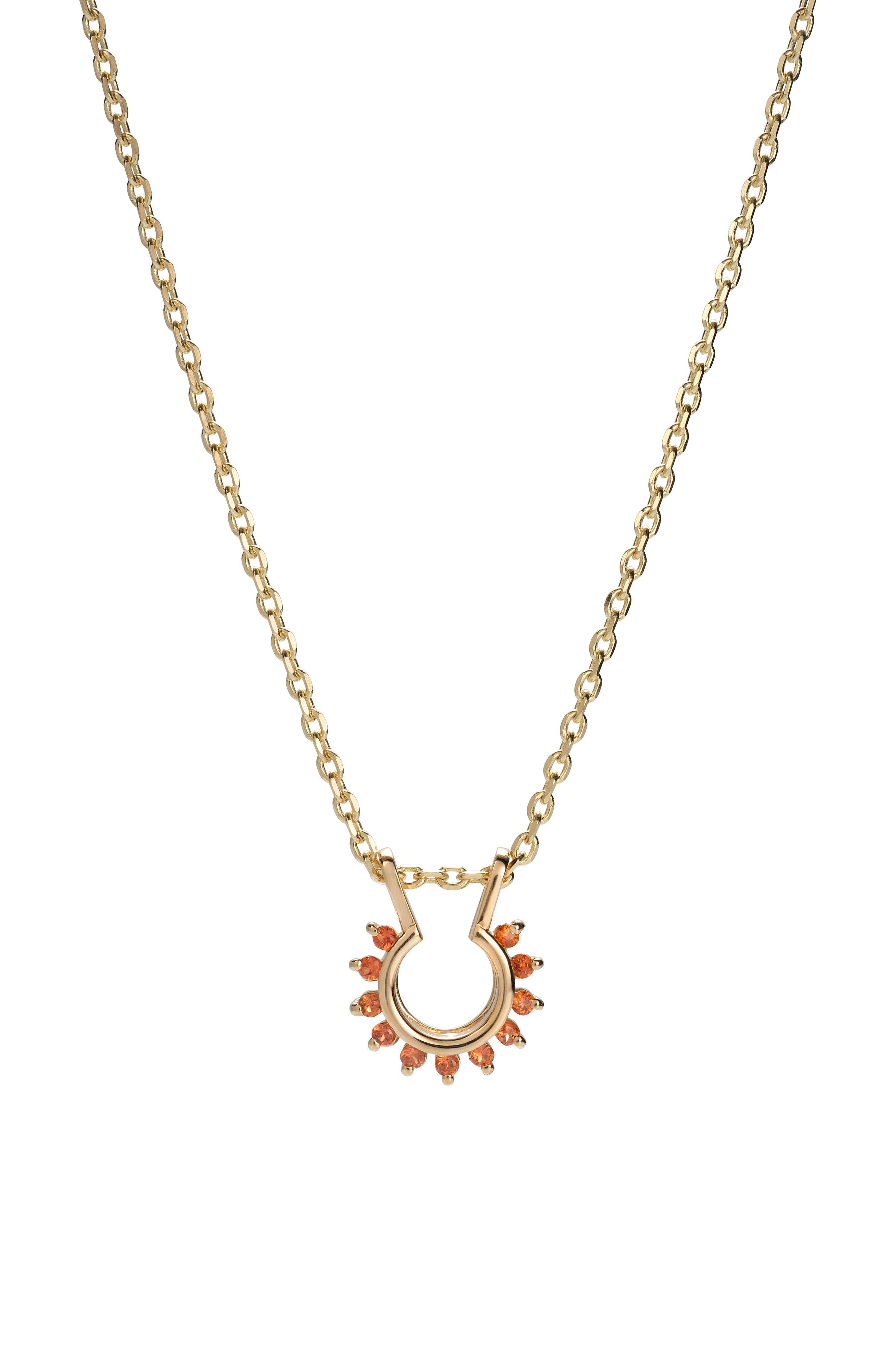 Contemporary Starburst Necklace in 14 Karat Gold and Orange Sapphires For Sale