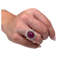 Starburst Oval Cabochon Ruby Ring, Prong Set in 18K Yellow Gold, Round Diamonds