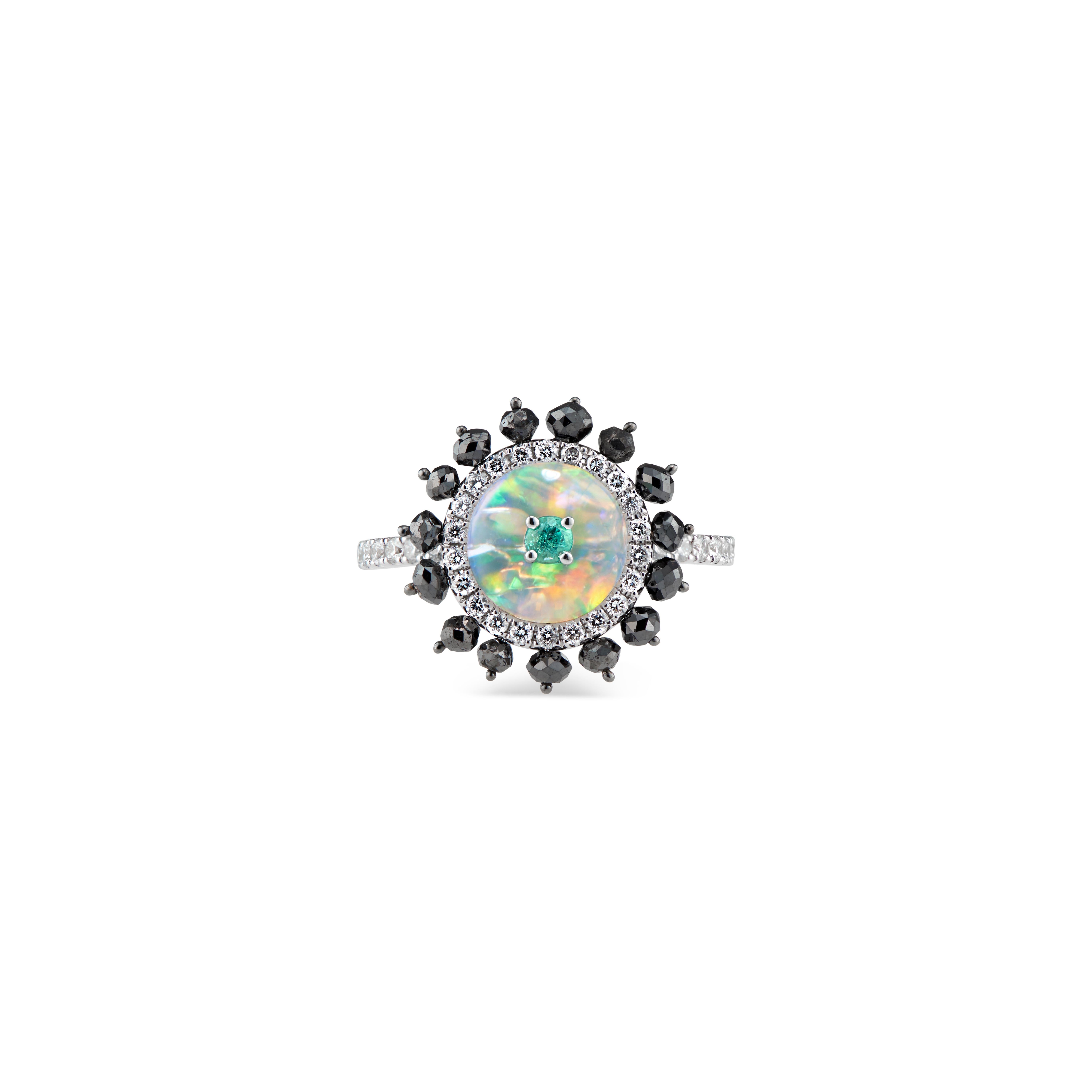 Spectacular Opals overlaid with Brazilian Paraibas and white diamonds and black diamond beads, set in 18k white gold. Brilliant Cut Diamonds are 0.58 ctw