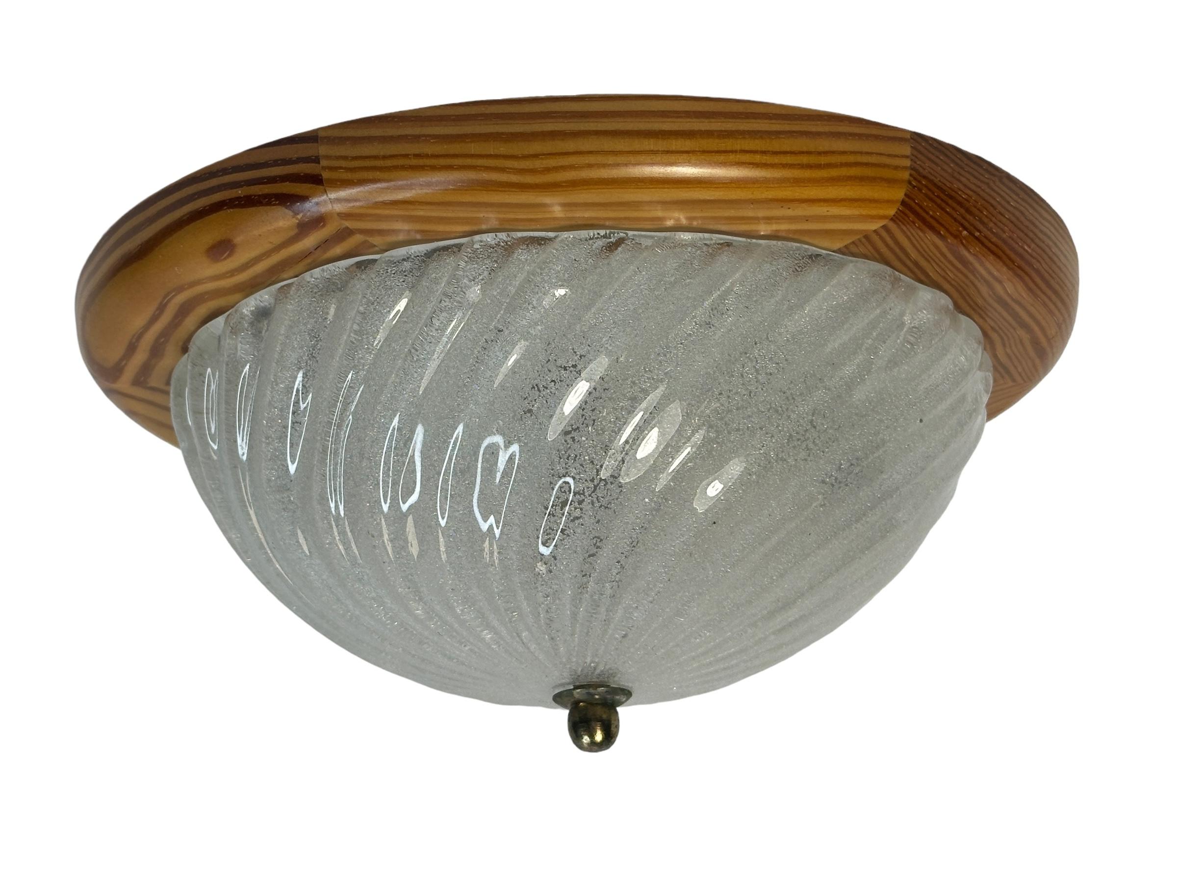 Late 20th Century Starburst Pattern Ice Glass and Wood, Flush Mount Ceiling Light, Austria, 1970s For Sale