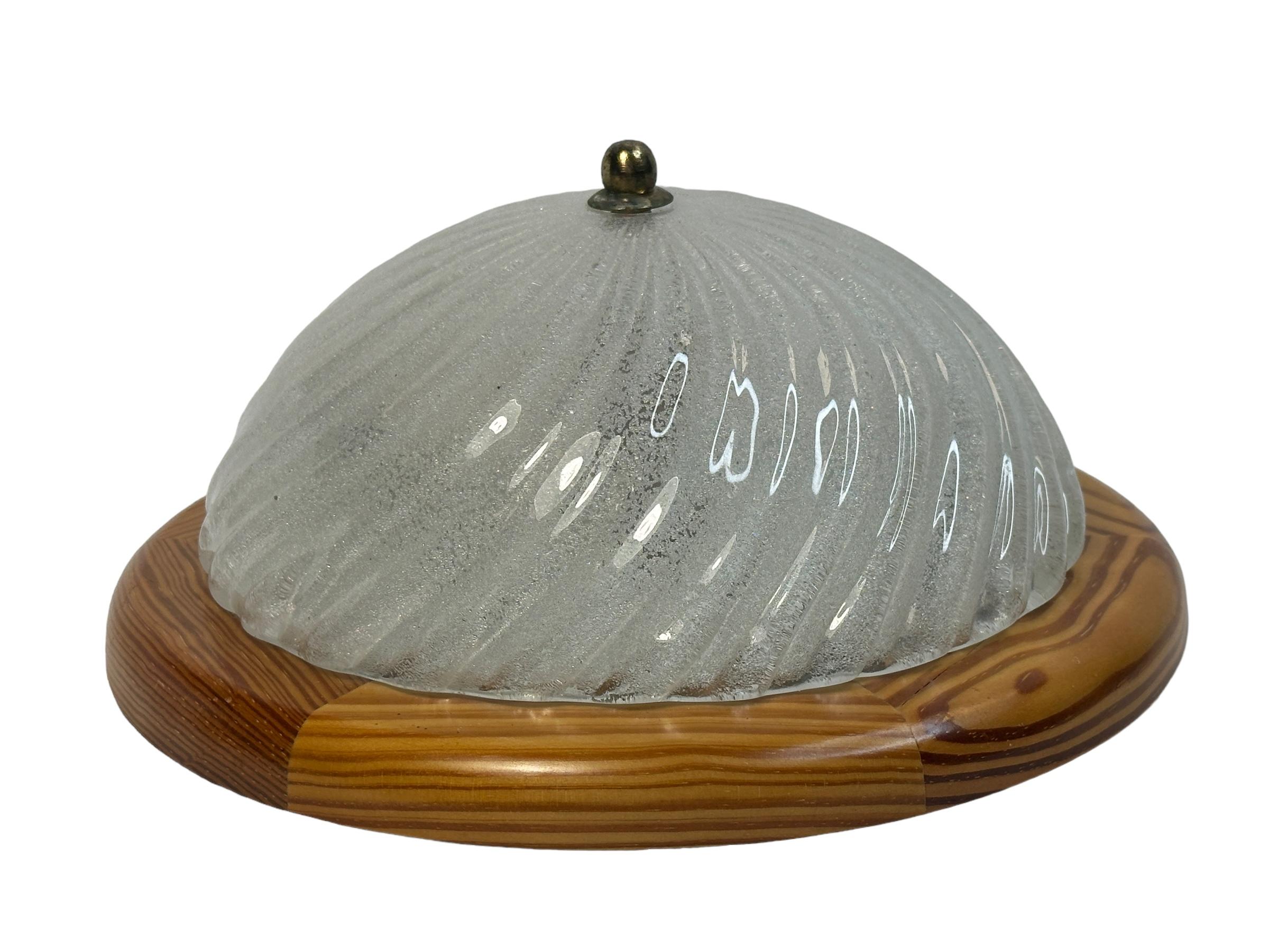 Metal Starburst Pattern Ice Glass and Wood, Flush Mount Ceiling Light, Austria, 1970s For Sale