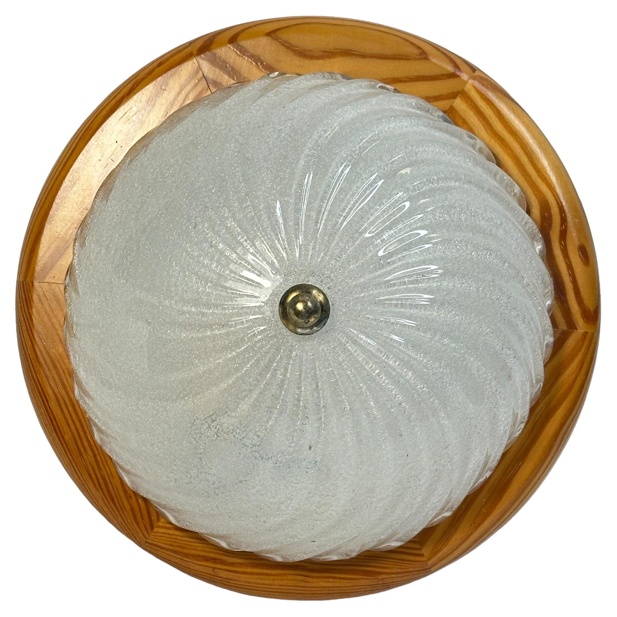 Starburst Pattern Ice Glass and Wood, Flush Mount Ceiling Light, Austria, 1970s For Sale