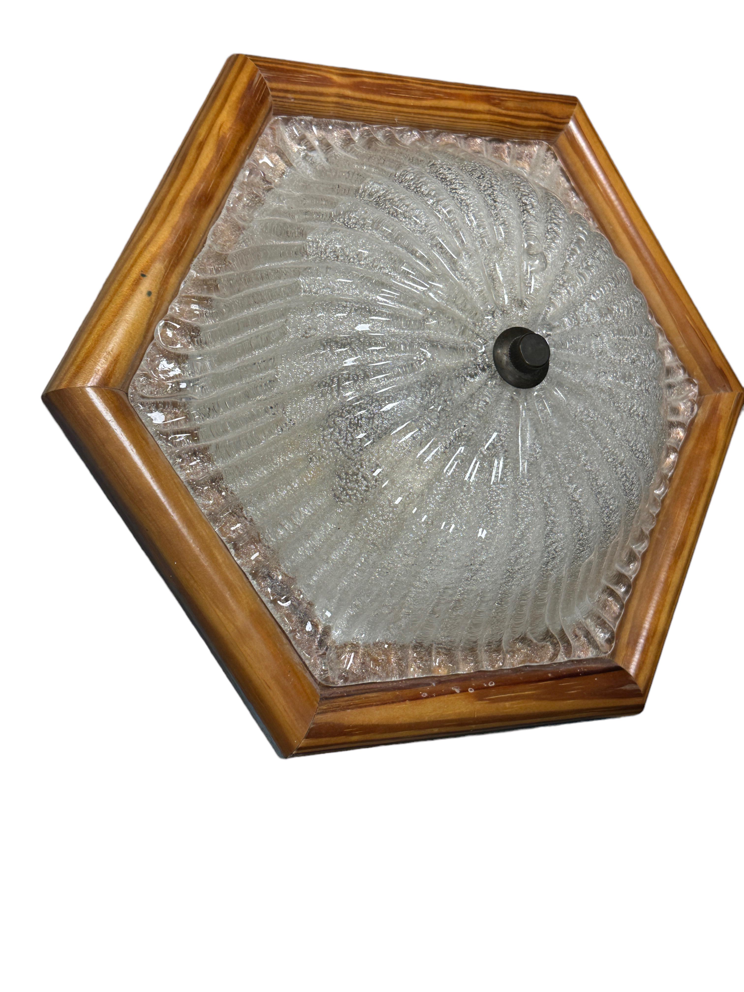Mid-Century Modern Starburst Pattern Ice Glass and Wood, Flush Mount Ceiling Light, Austria, 1980s For Sale