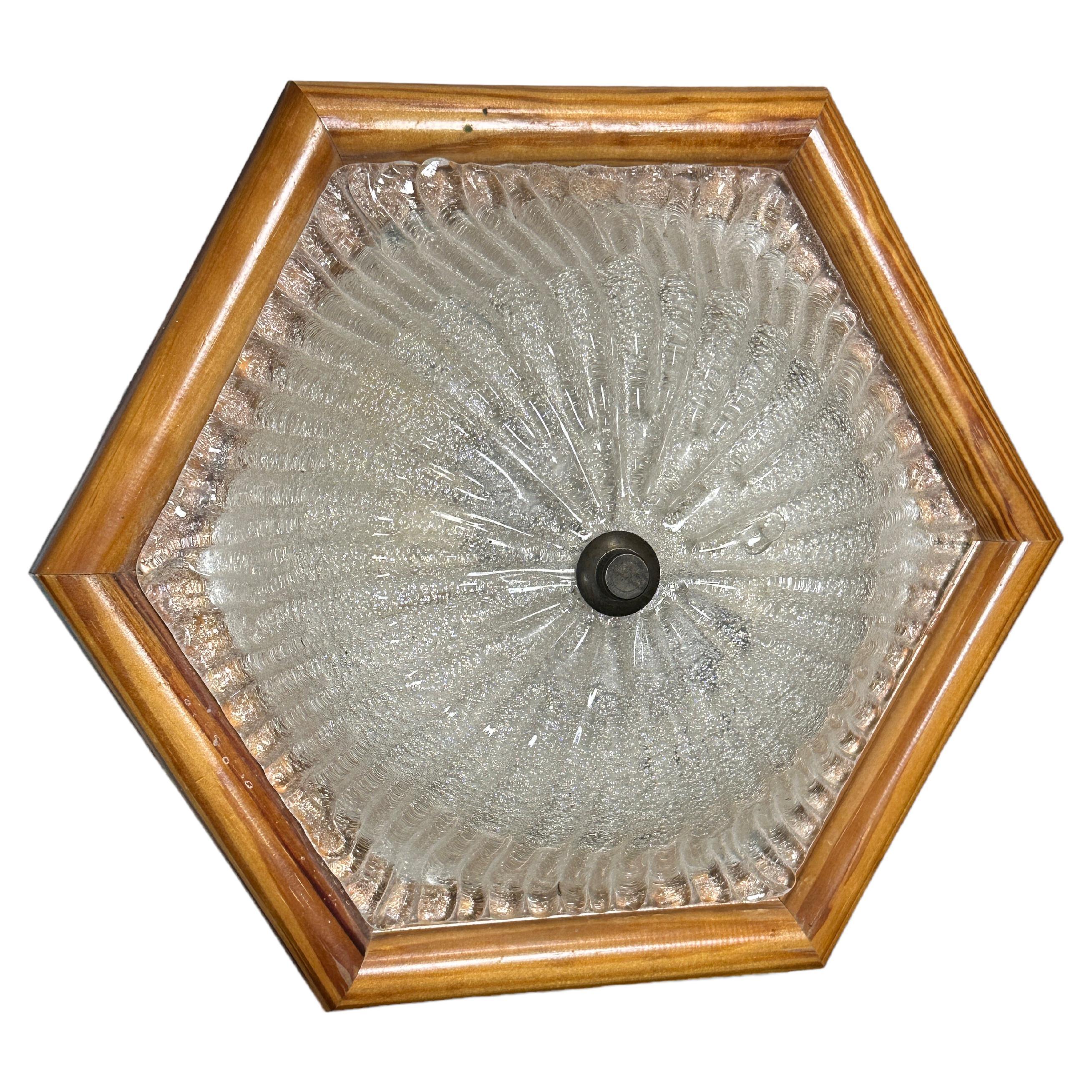 Starburst Pattern Ice Glass and Wood, Flush Mount Ceiling Light, Austria, 1980s For Sale