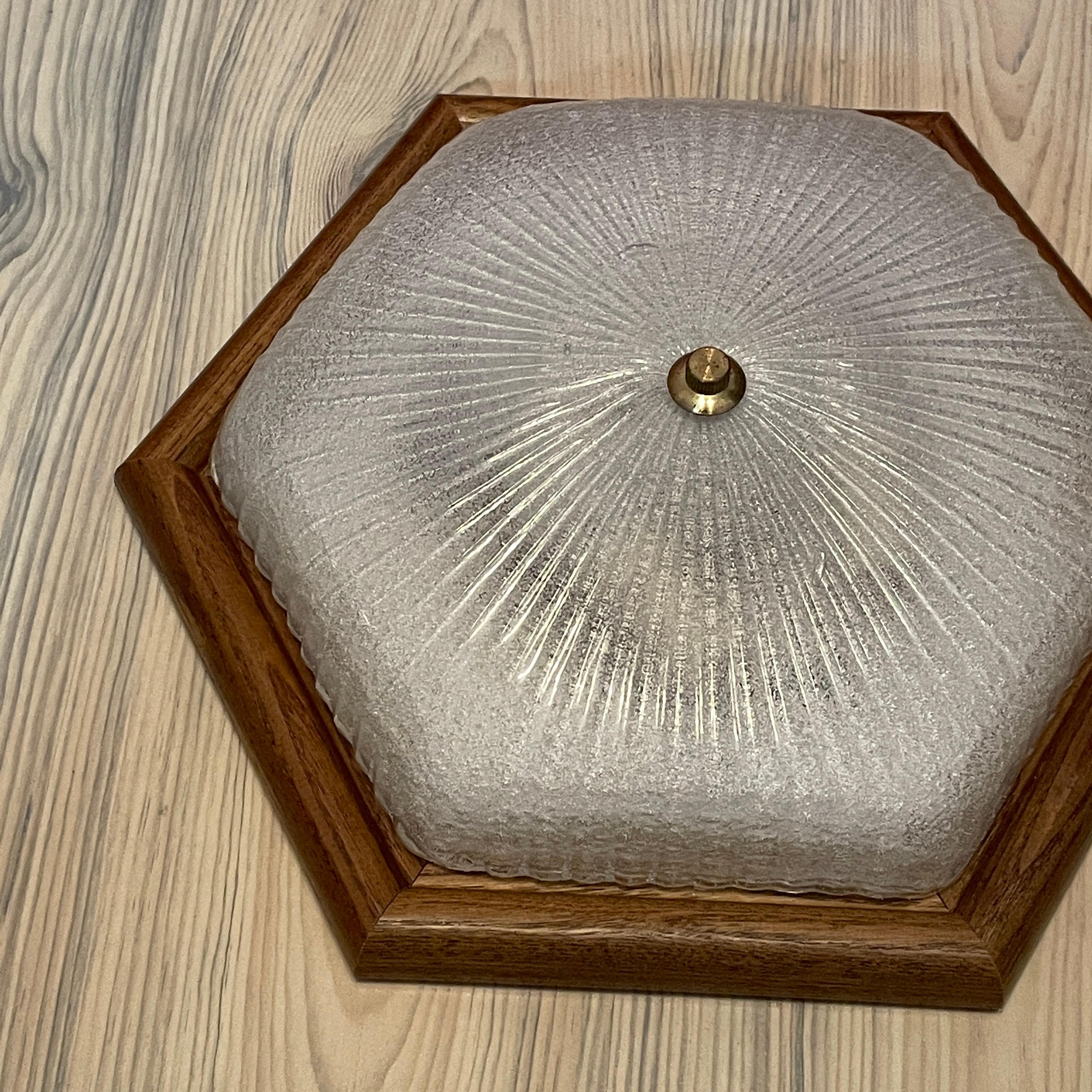 Starburst Pattern Ice Glass and Wood, Flush Mount Ceiling Light, Germany, 1970s 4