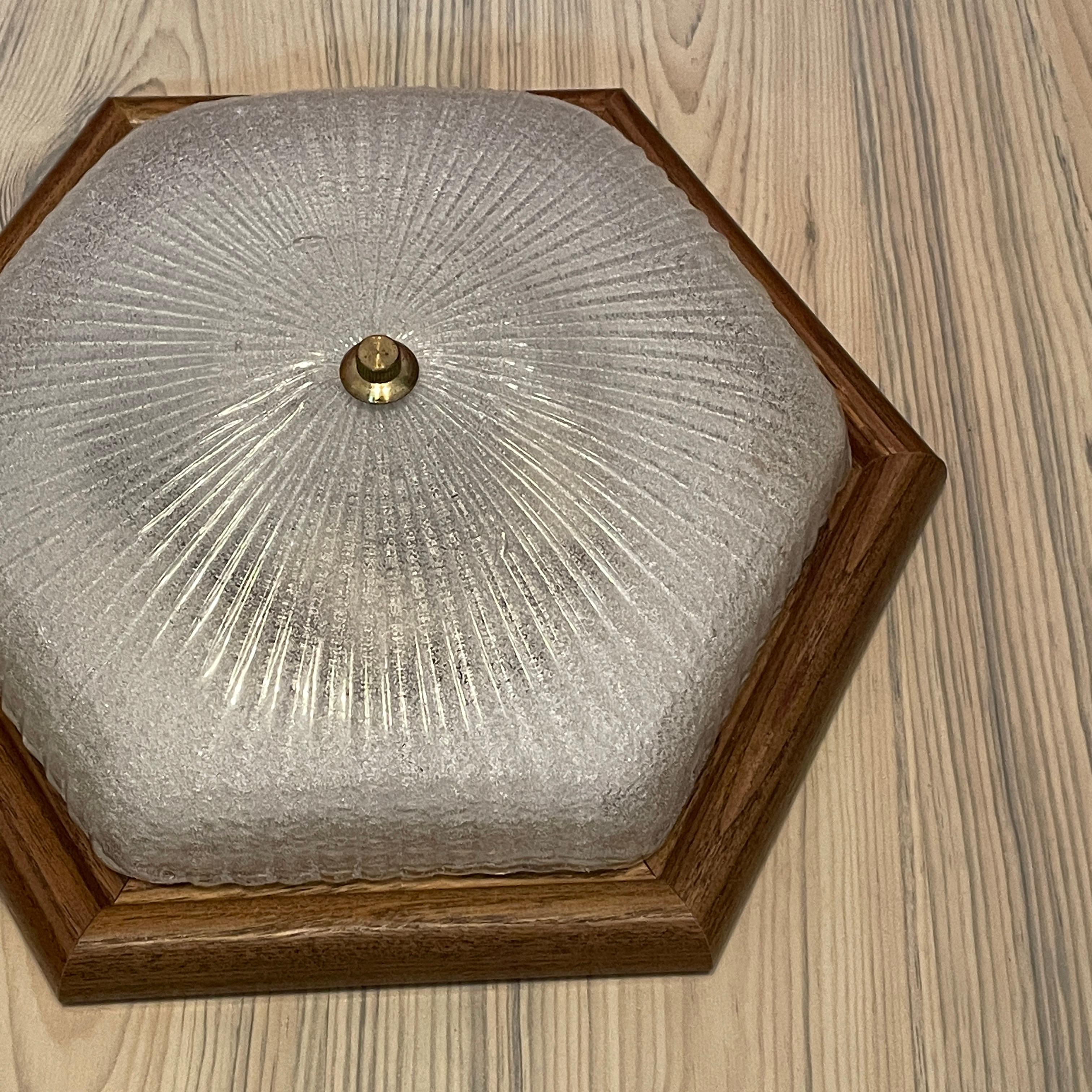 Starburst Pattern Ice Glass and Wood, Flush Mount Ceiling Light, Germany, 1970s 5
