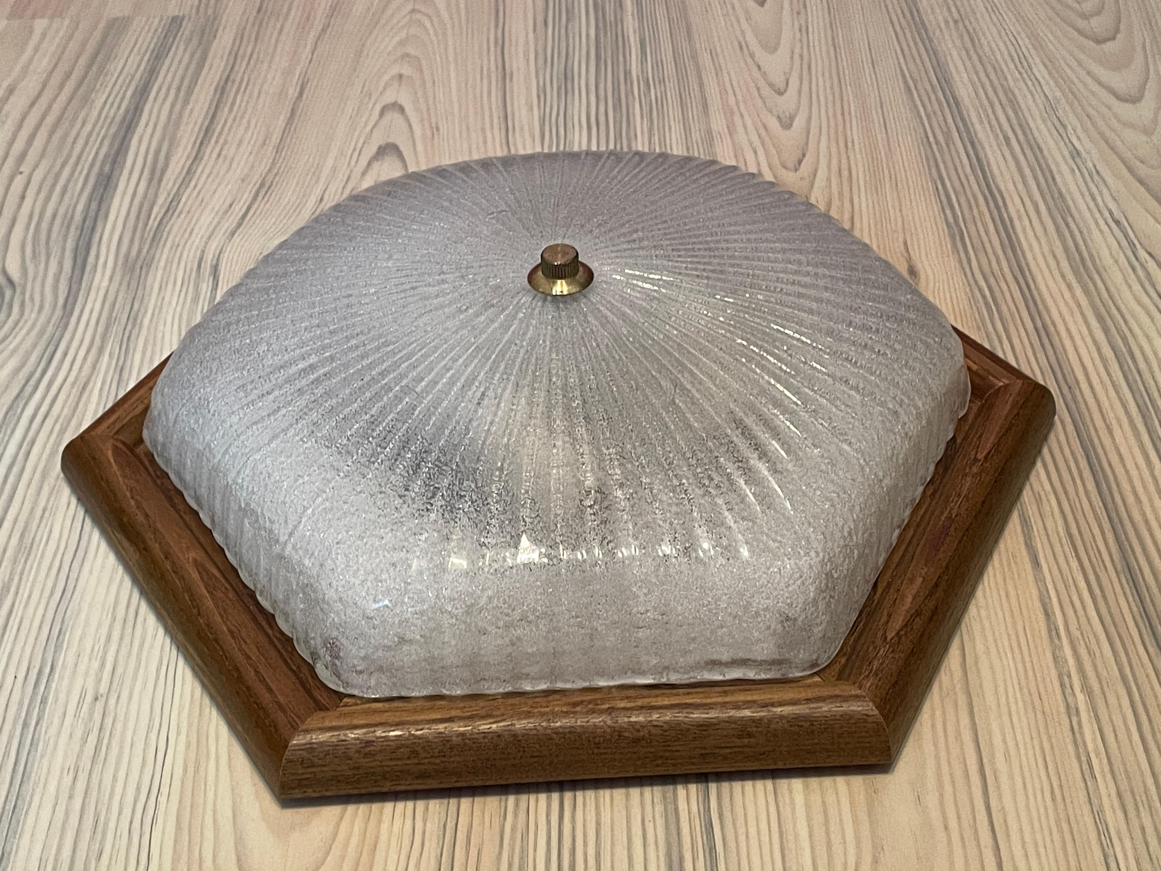 Starburst Pattern Ice Glass and Wood, Flush Mount Ceiling Light, Germany, 1970s 6