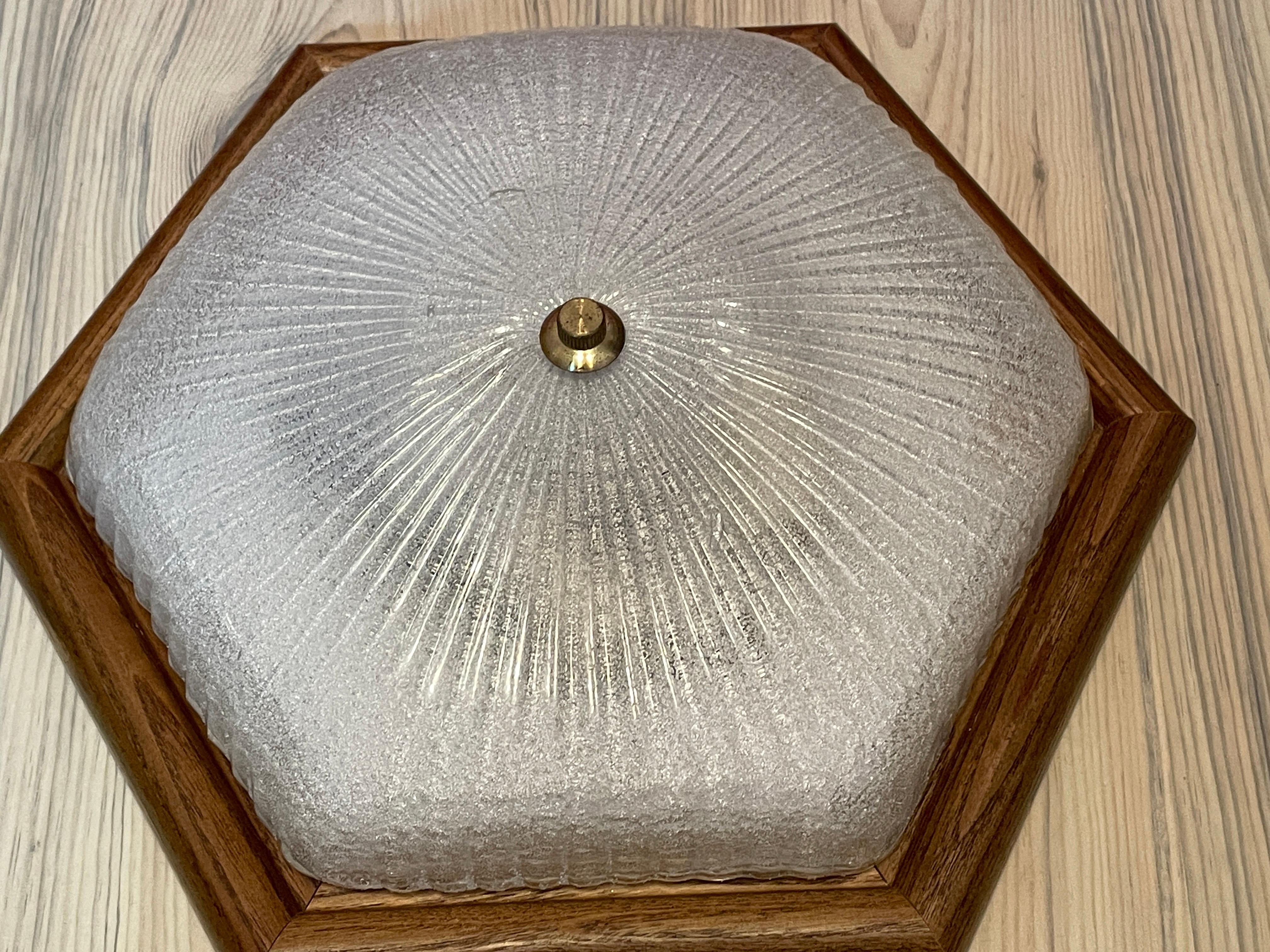 Starburst Pattern Ice Glass and Wood, Flush Mount Ceiling Light, Germany, 1970s 8