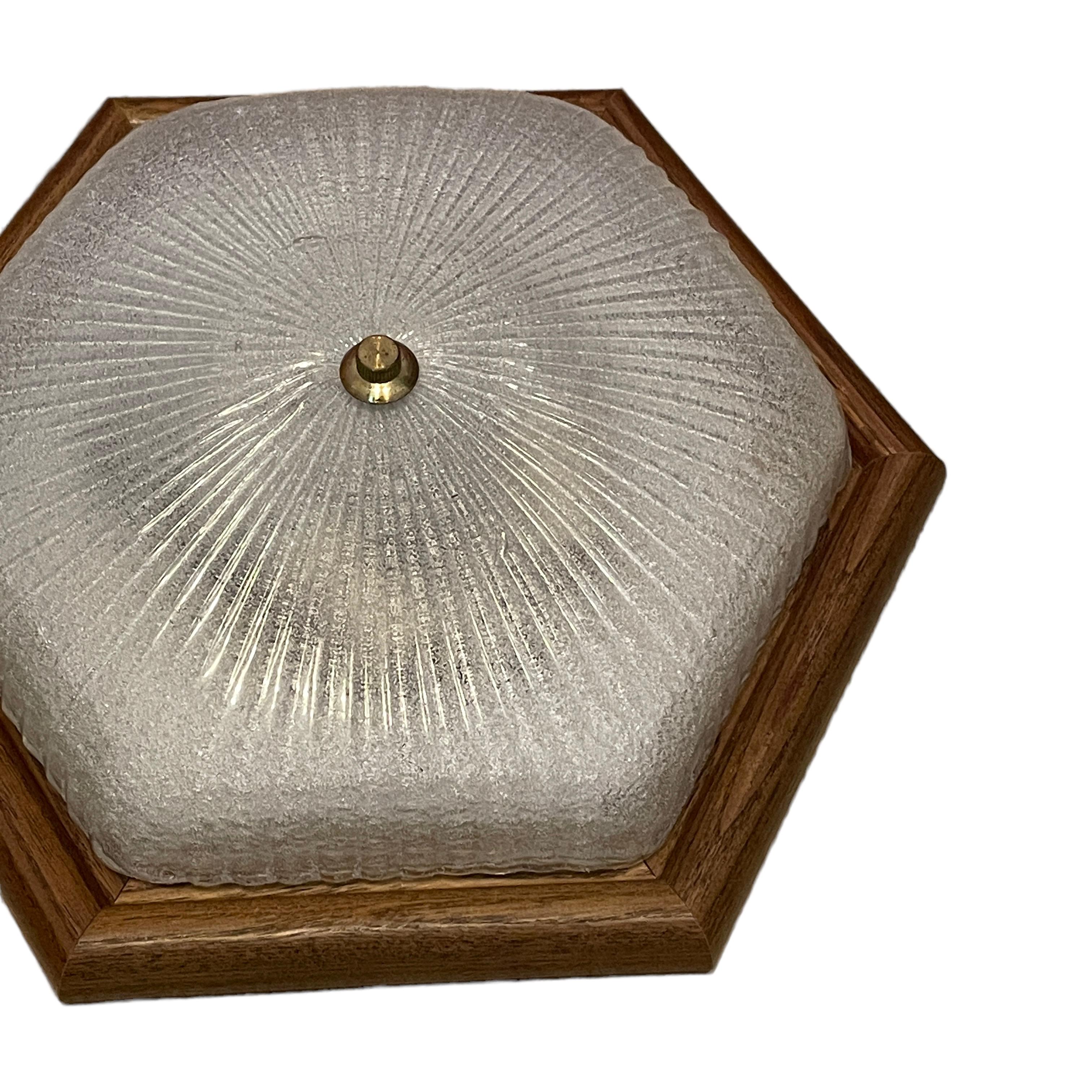 Mid-Century Modern Starburst Pattern Ice Glass and Wood, Flush Mount Ceiling Light, Germany, 1970s