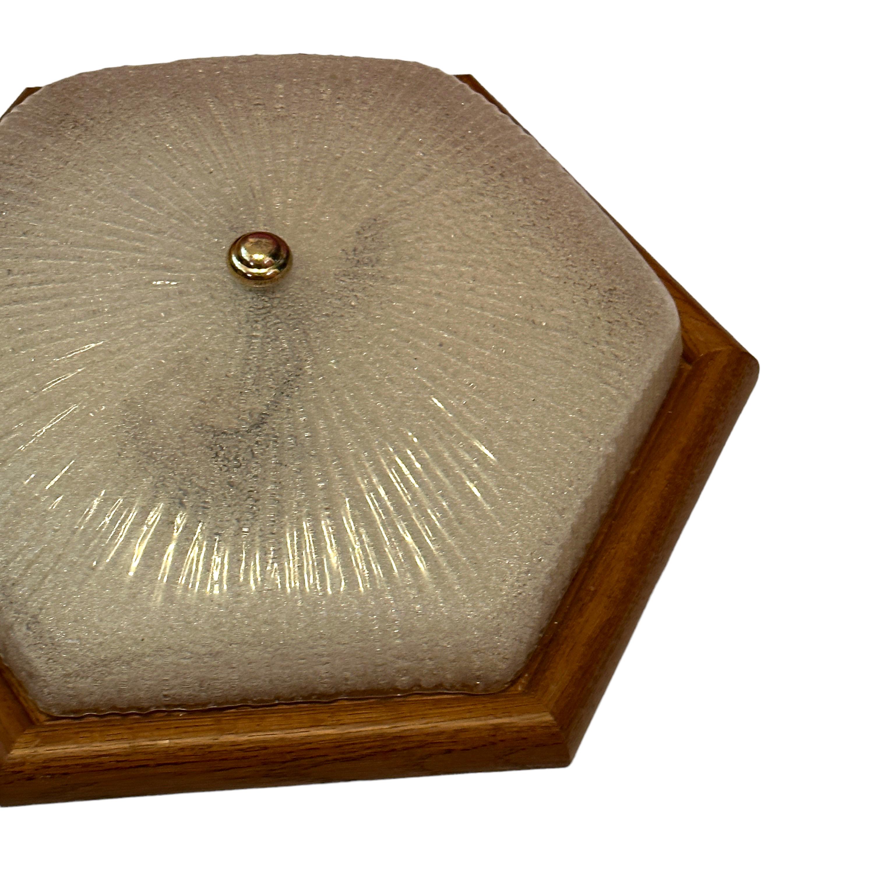 Mid-Century Modern Starburst Pattern Ice Glass and Wood, Flush Mount Ceiling Light, Germany, 1970s For Sale