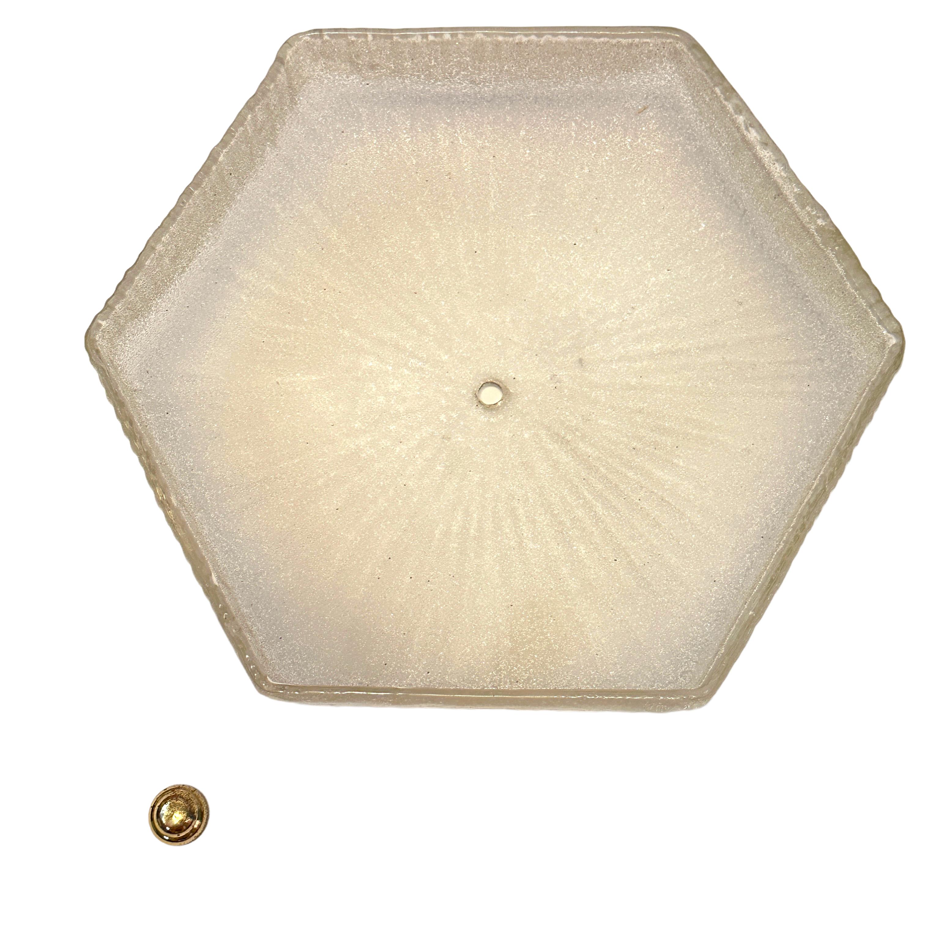Late 20th Century Starburst Pattern Ice Glass and Wood, Flush Mount Ceiling Light, Germany, 1970s For Sale
