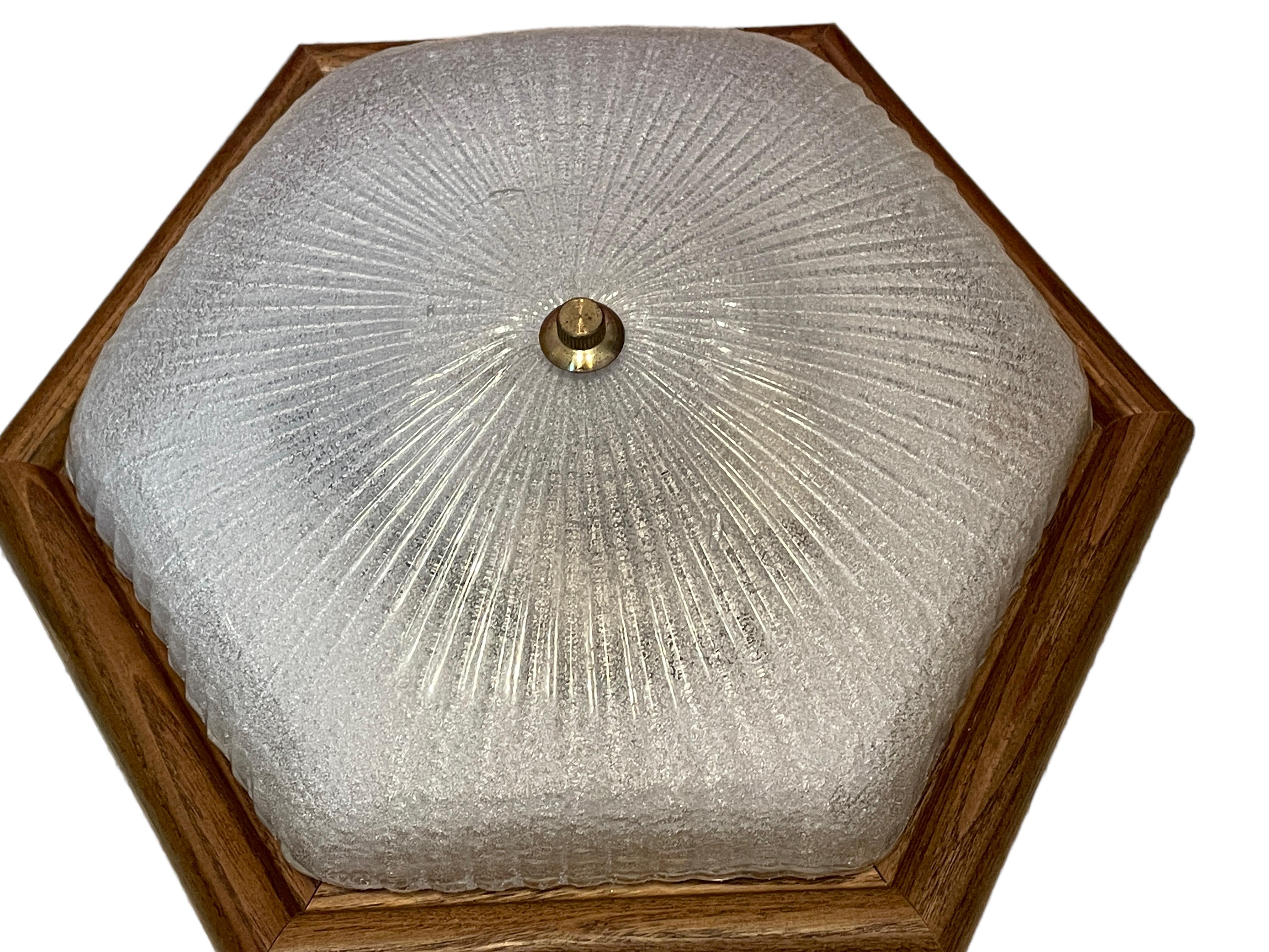Metal Starburst Pattern Ice Glass and Wood, Flush Mount Ceiling Light, Germany, 1970s