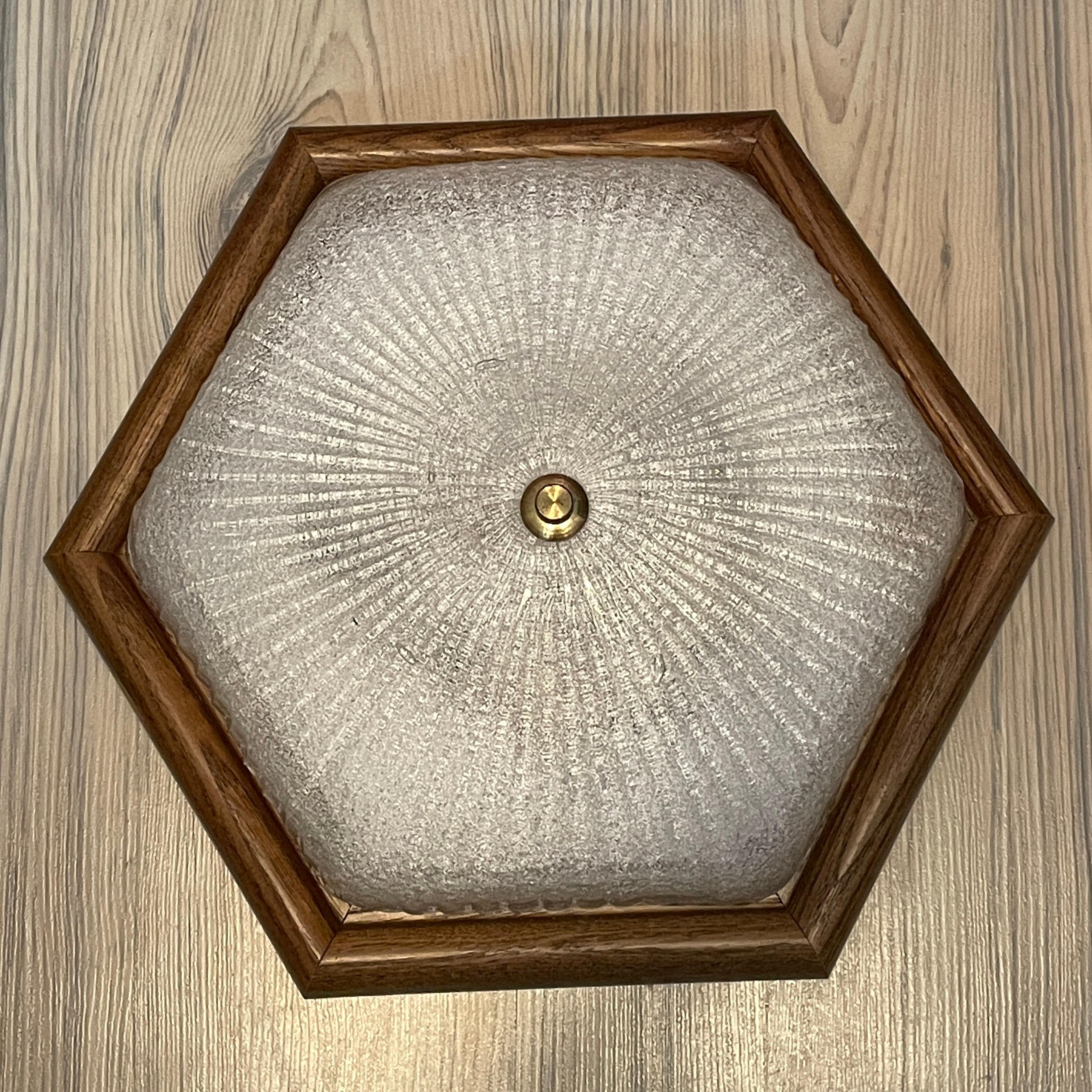 Starburst Pattern Ice Glass and Wood, Flush Mount Ceiling Light, Germany, 1970s 3