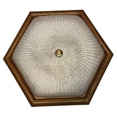 Starburst Pattern Ice Glass and Wood, Flush Mount Ceiling Light, Germany, 1970s