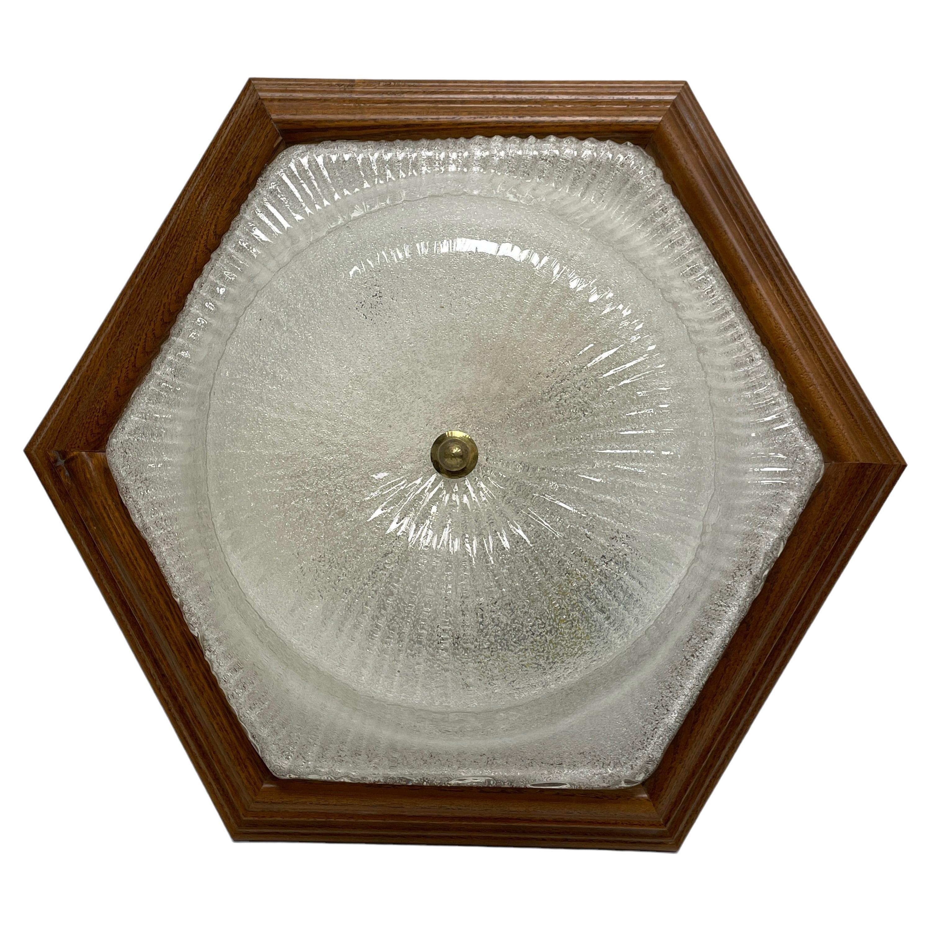 Starburst Pattern Ice Glass and Wood, Flush Mount Ceiling Light, Germany, 1970s