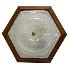 Starburst Pattern Ice Glass and Wood, Flush Mount Ceiling Light, Germany, 1970s