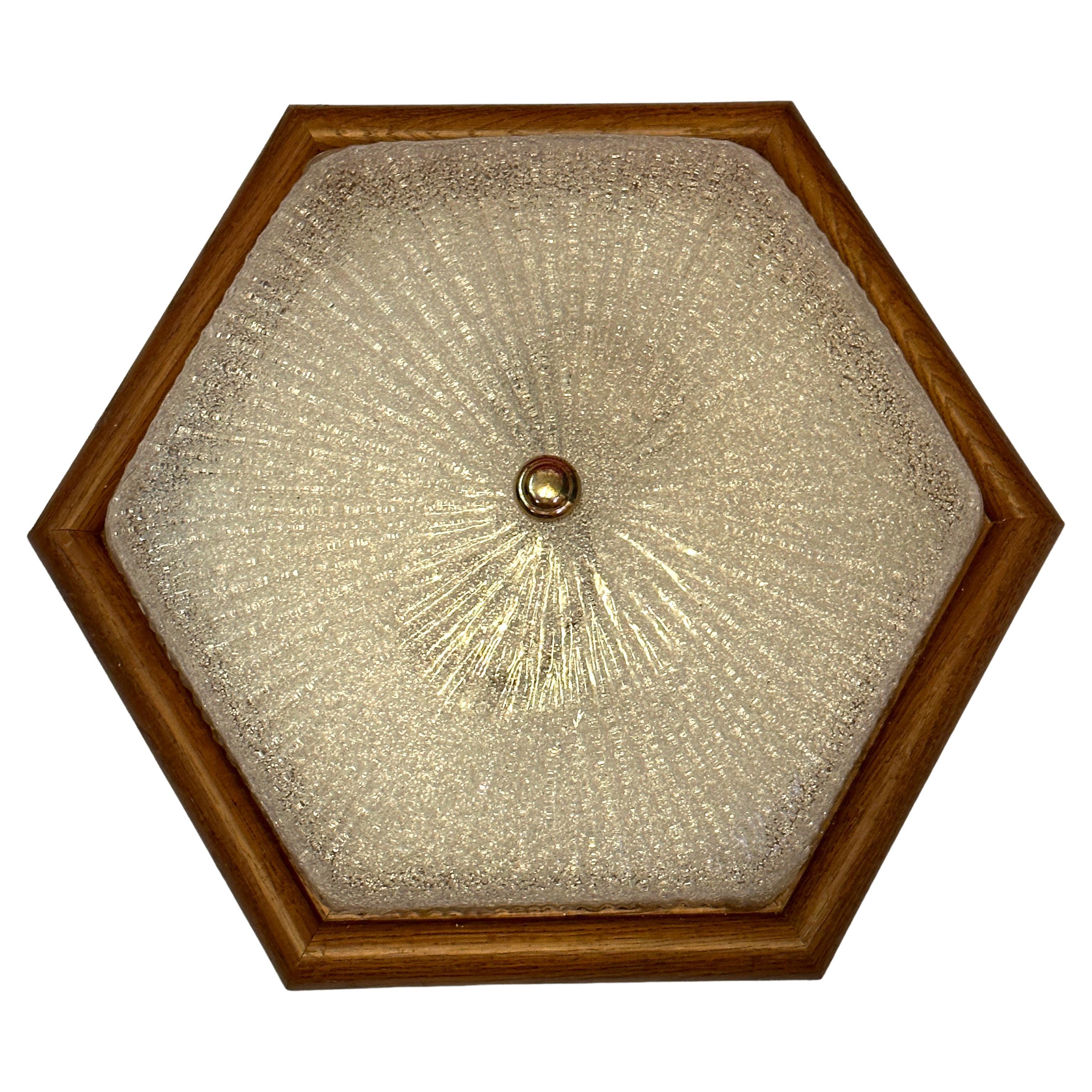 Starburst Pattern Ice Glass and Wood, Flush Mount Ceiling Light, Germany, 1970s For Sale
