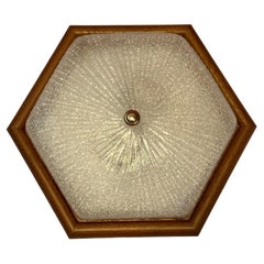 Vintage Starburst Pattern Ice Glass and Wood, Flush Mount Ceiling Light, Germany, 1970s