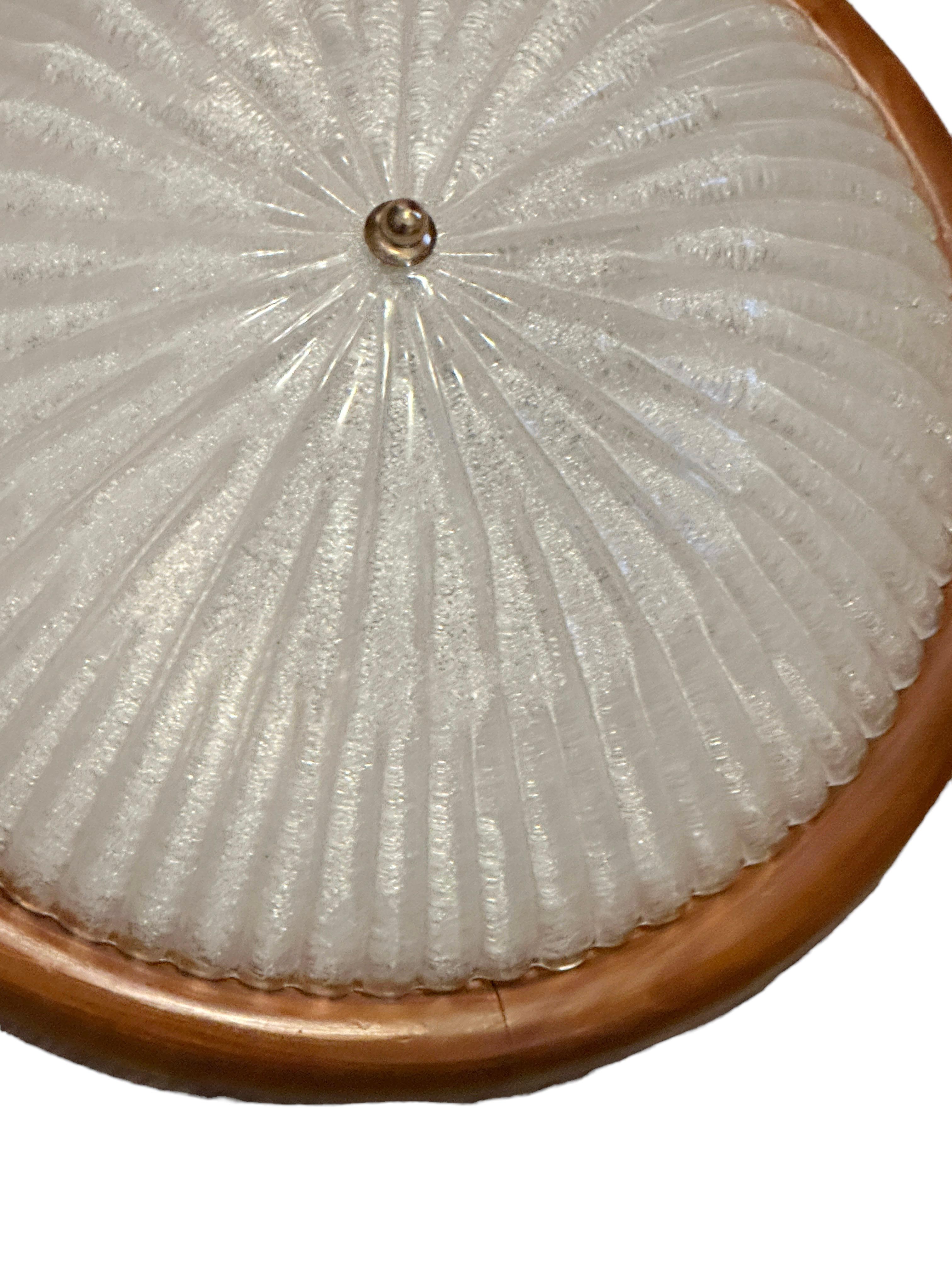 Italian Starburst Pattern Ice Glass and Wood, Flush Mount Ceiling Light, Italy, 1970s For Sale