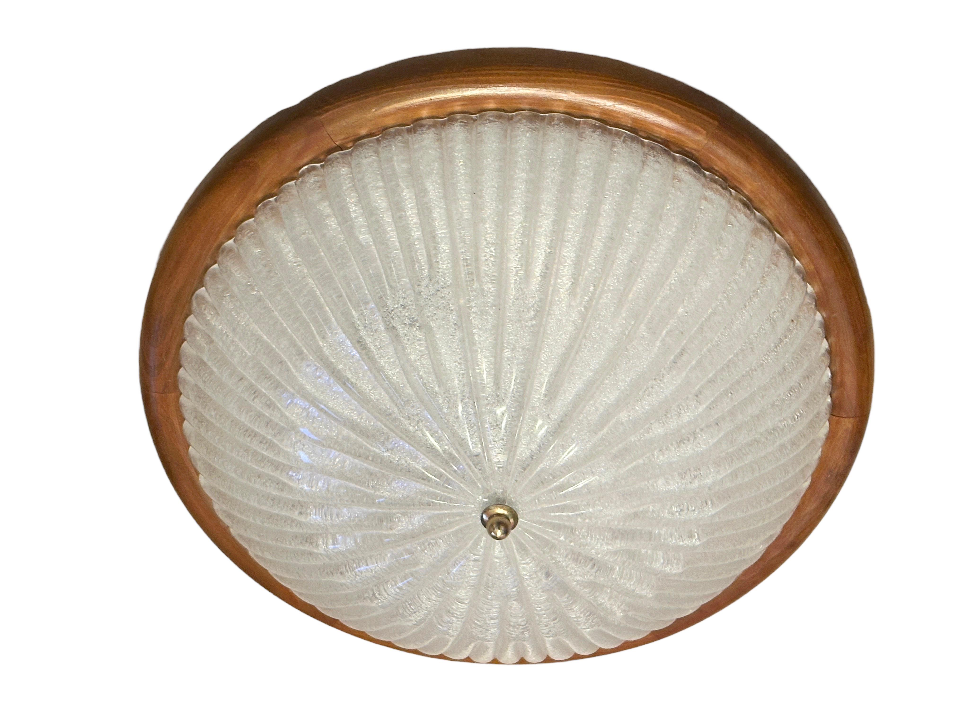 Late 20th Century Starburst Pattern Ice Glass and Wood, Flush Mount Ceiling Light, Italy, 1970s For Sale