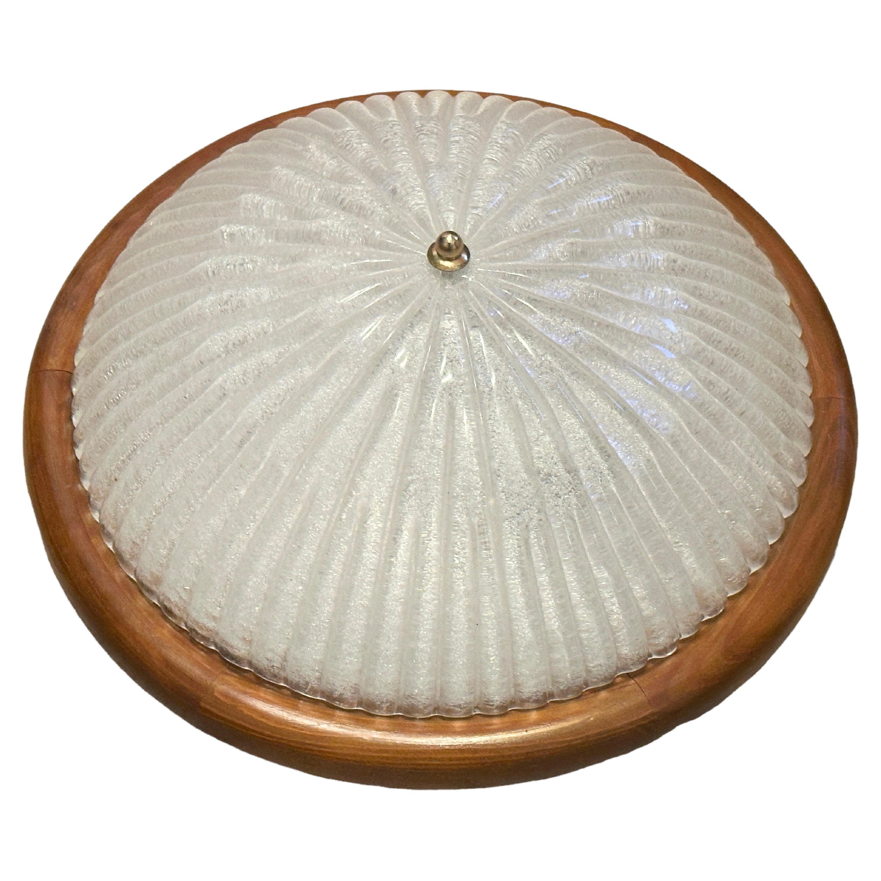 Starburst Pattern Ice Glass and Wood, Flush Mount Ceiling Light, Italy, 1970s For Sale