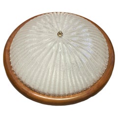 Starburst Pattern Ice Glass and Wood, Flush Mount Ceiling Light, Italy, 1970s