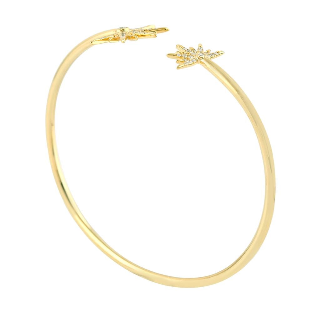 Art Nouveau Starburst Pave Diamond Bangle Made In 14k Yellow Gold For Sale