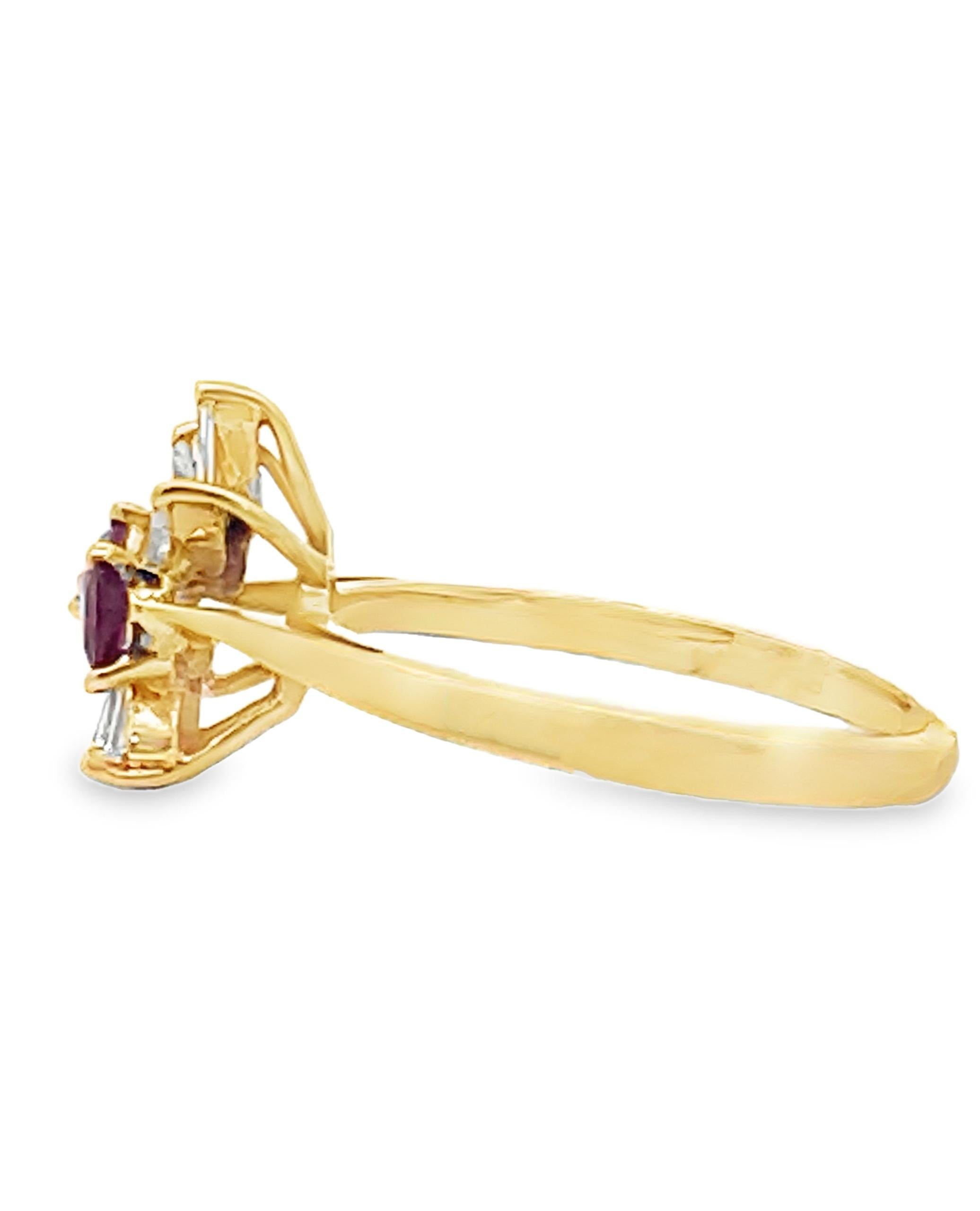 Contemporary Starburst Pear Shape Ruby Ring in Tapering 14K Yellow Gold Setting with Diamonds For Sale