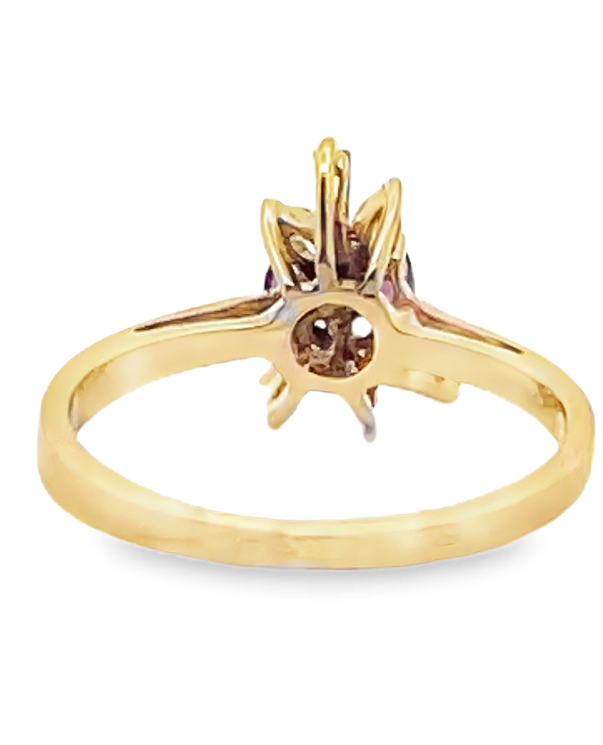 Mixed Cut Starburst Pear Shape Ruby Ring in Tapering 14K Yellow Gold Setting with Diamonds For Sale