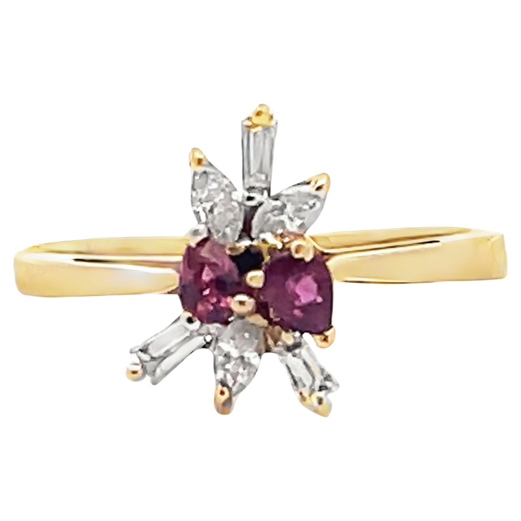 Starburst Pear Shape Ruby Ring in Tapering 14K Yellow Gold Setting with Diamonds For Sale