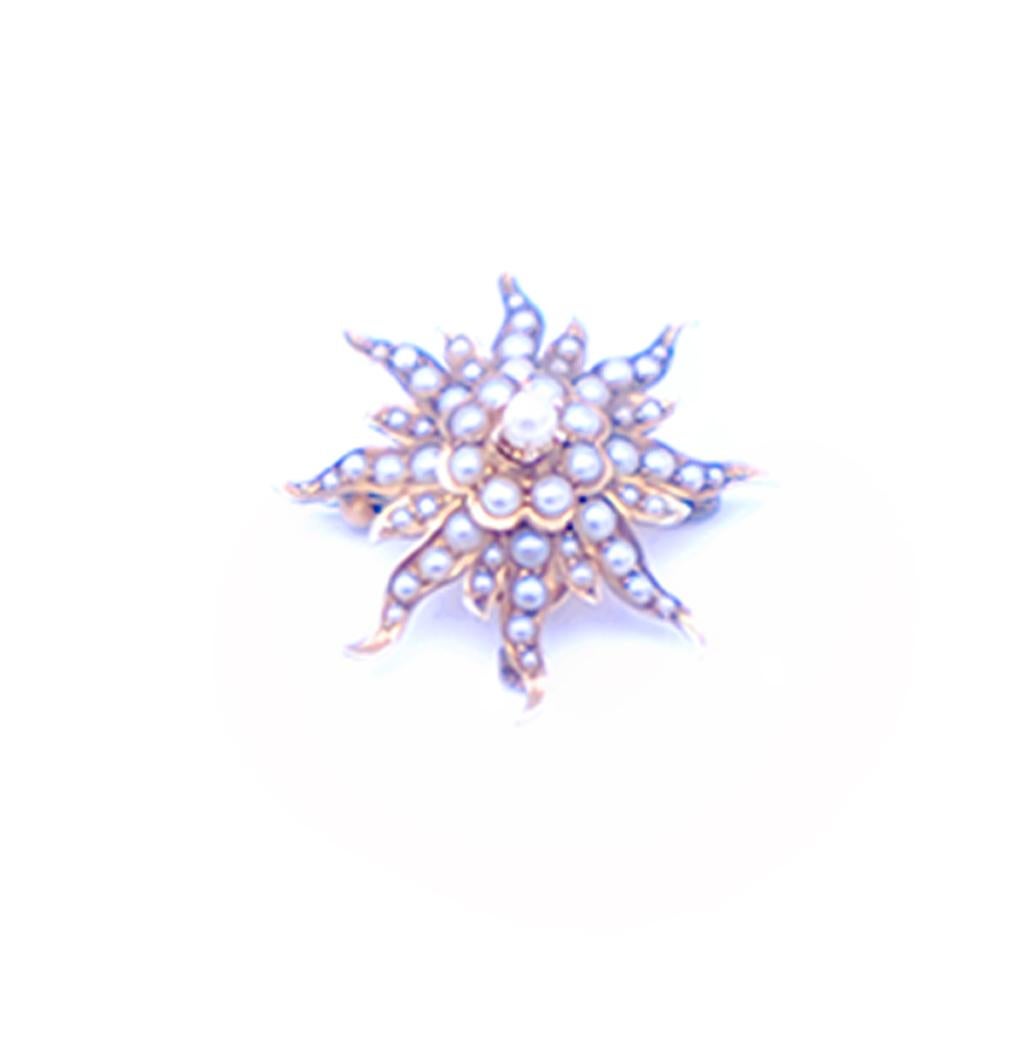 Antique starburst pin consists of many petals layering its height,
Small pearls are placed on the gold and are of good quality.
The seed pearls graduate in size from small to large with an explosive appearance.

Wear: the backside attachments are