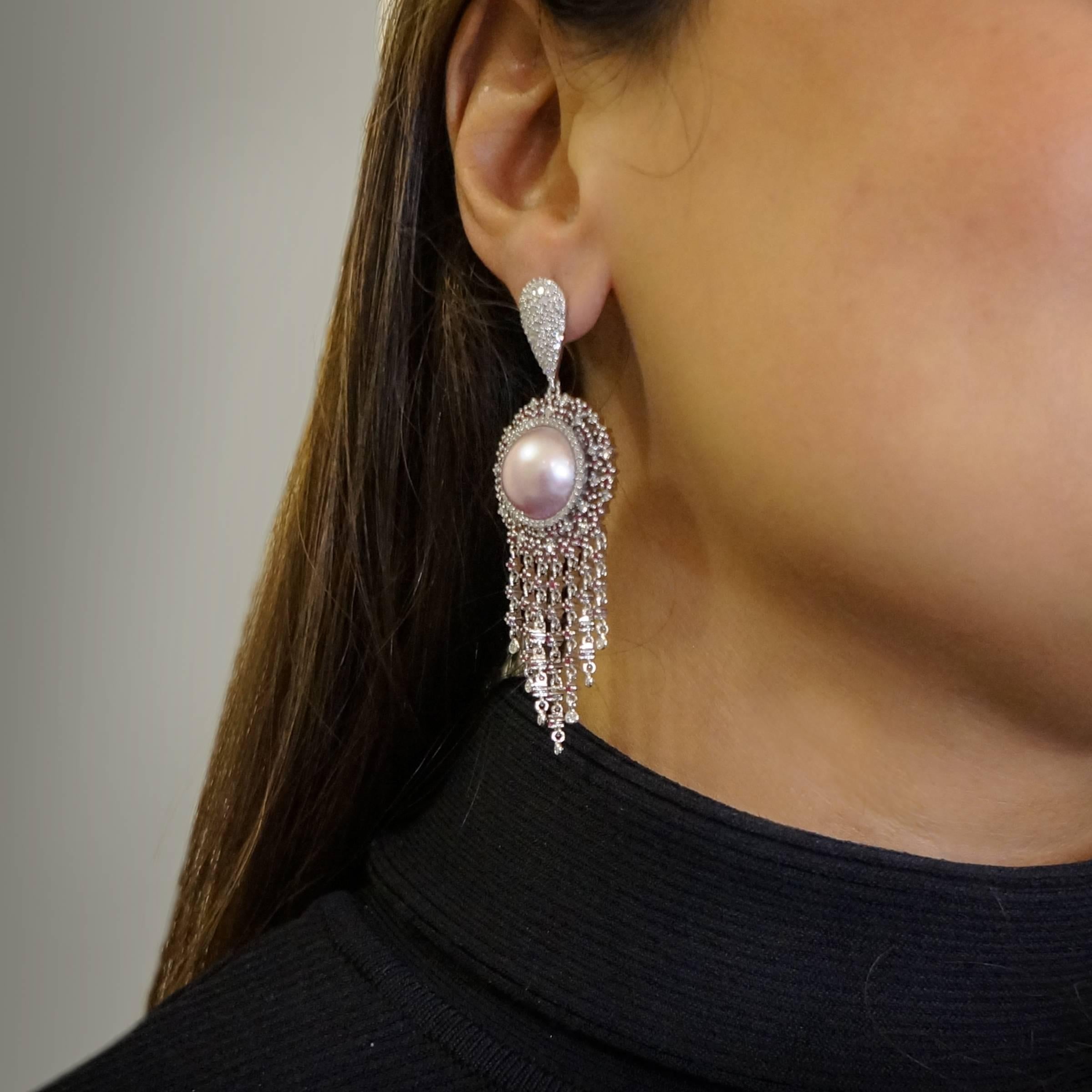 Brilliant Cut Starburst Pink Pearl Ruby and Diamond Earrings