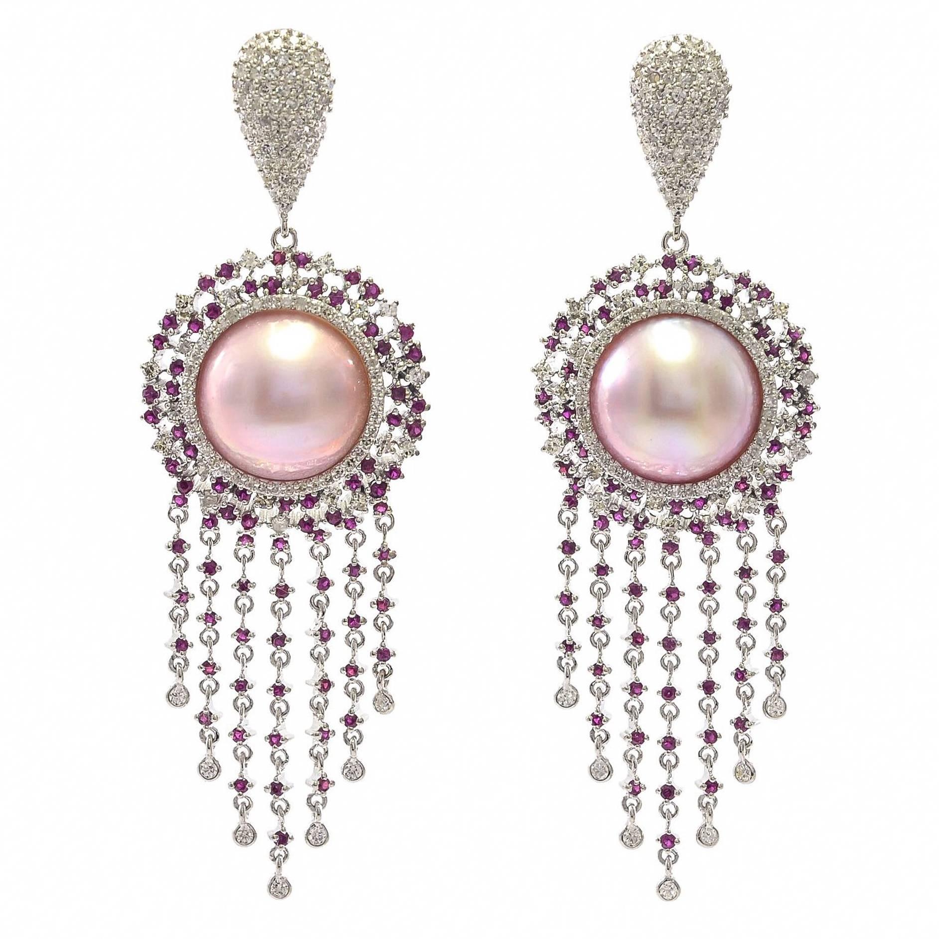 Starburst Pink Pearl Ruby and Diamond Earrings