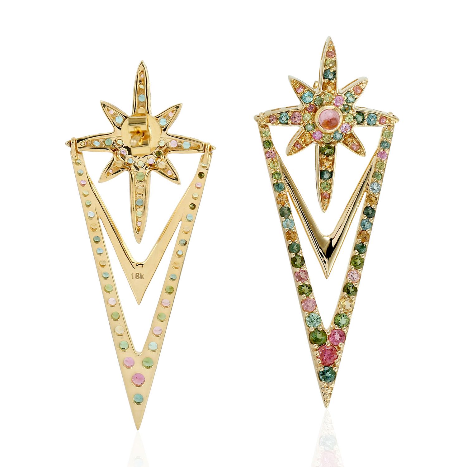 Art Deco Starburst Rhombus Shape Multi Tourmaline Dangle Earrings in 18k Yellow Gold For Sale