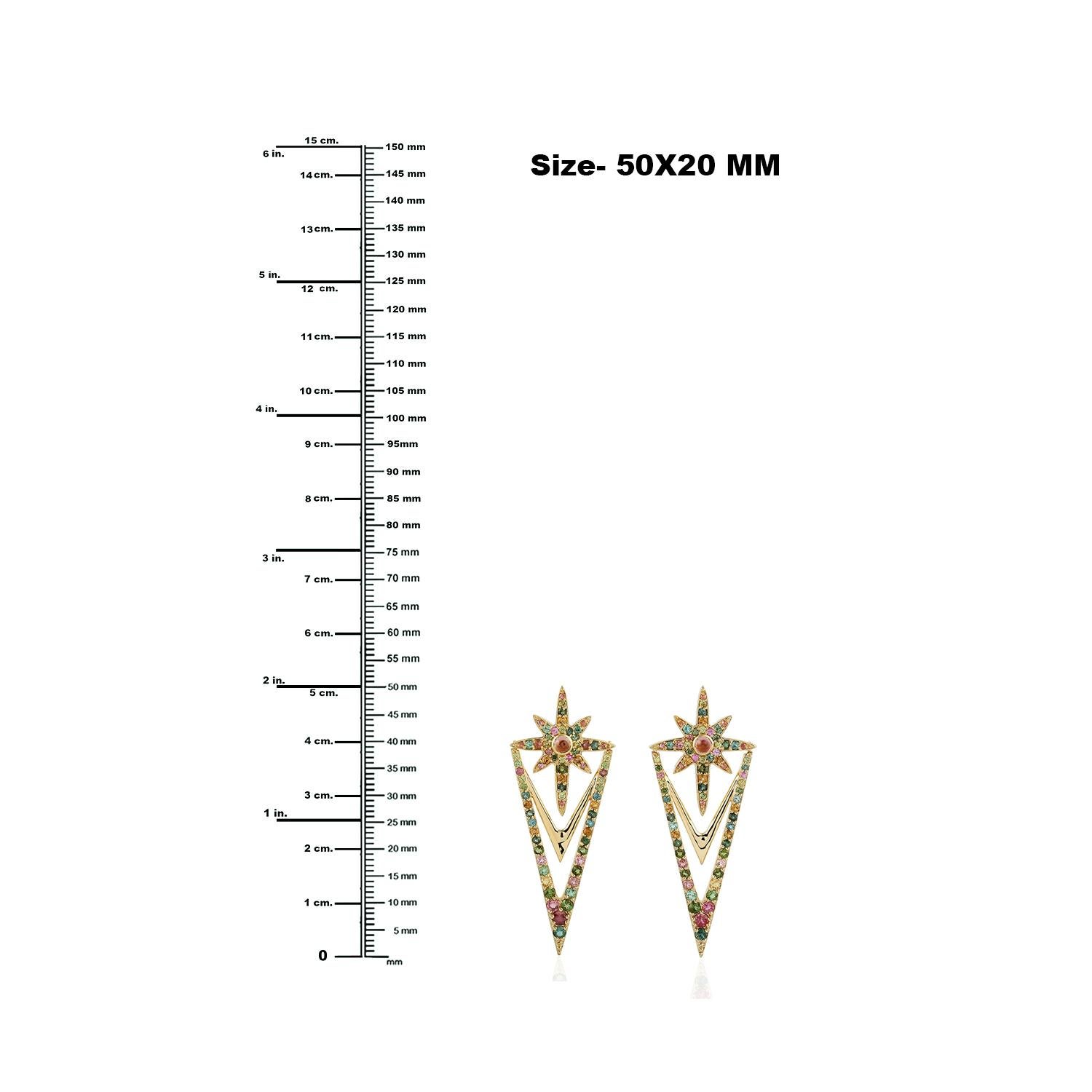 Mixed Cut Starburst Rhombus Shape Multi Tourmaline Dangle Earrings in 18k Yellow Gold For Sale