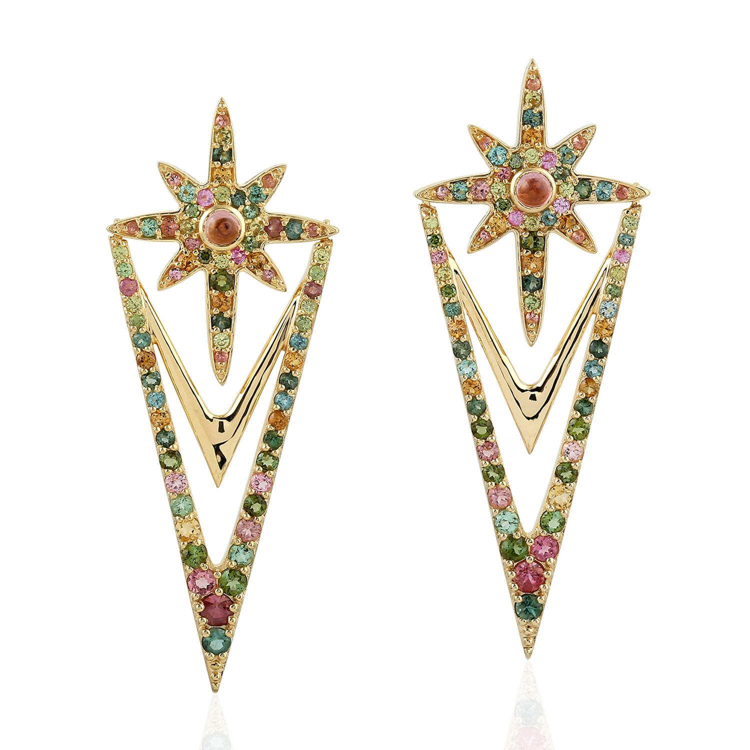 Art Deco Starburst Rhombus Shape Multi Tourmaline Dangle Earrings in 18k Yellow Gold For Sale