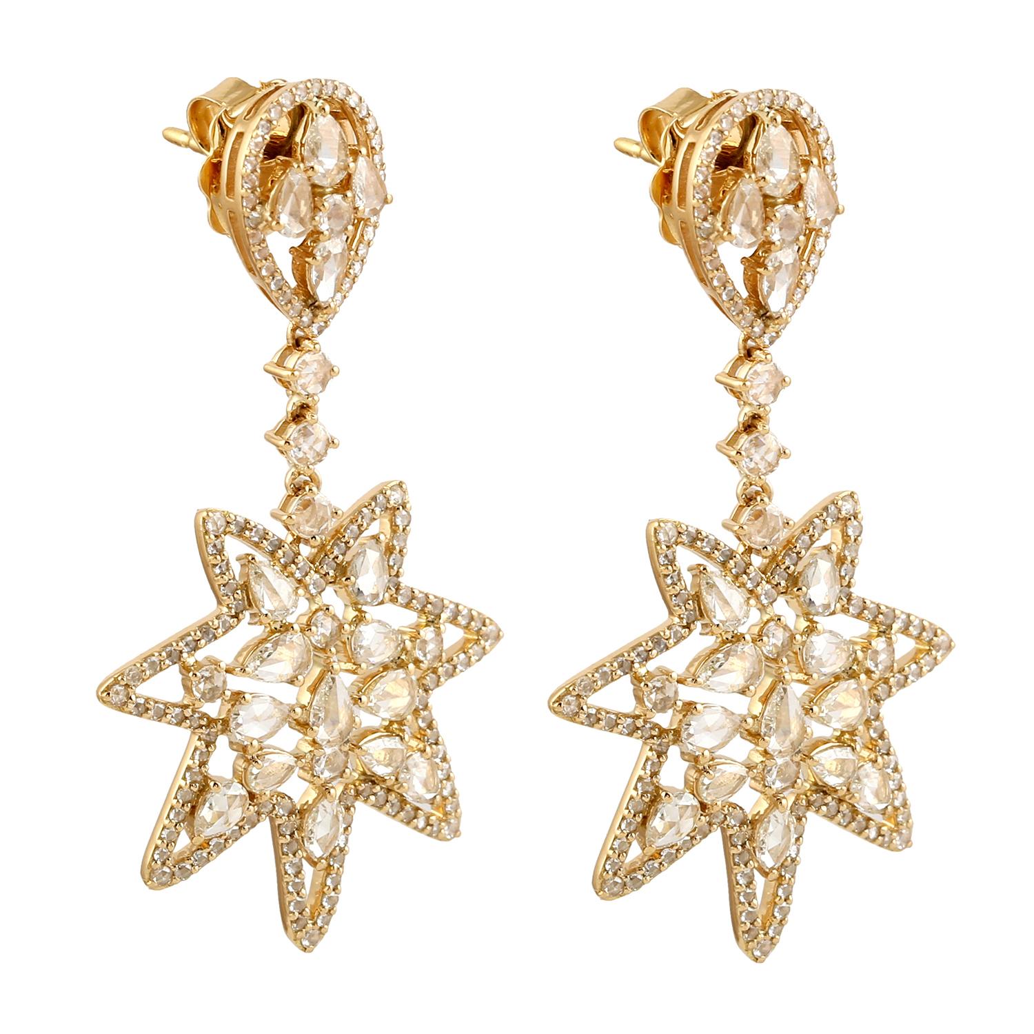 Art Deco Starburst Rosecut Dangle Earrings Made In 18k Yellow Gold For Sale