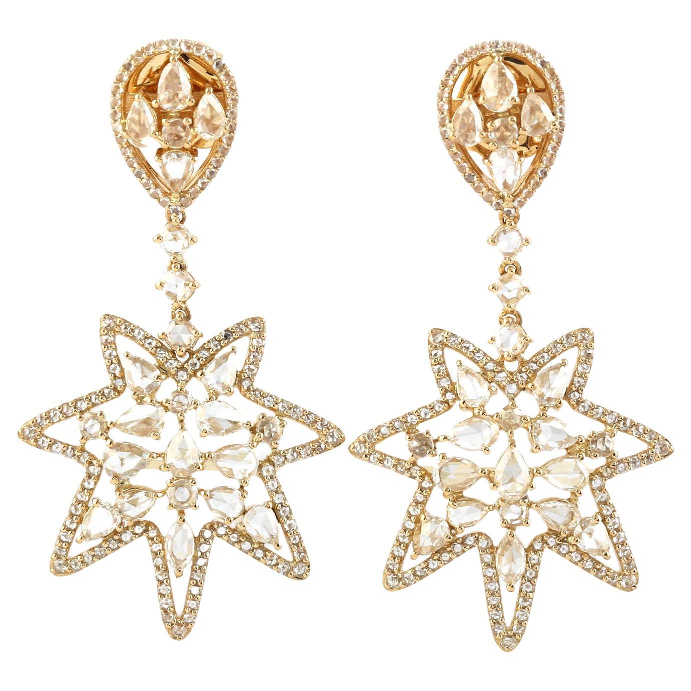Starburst Rosecut Dangle Earrings Made In 18k Yellow Gold For Sale