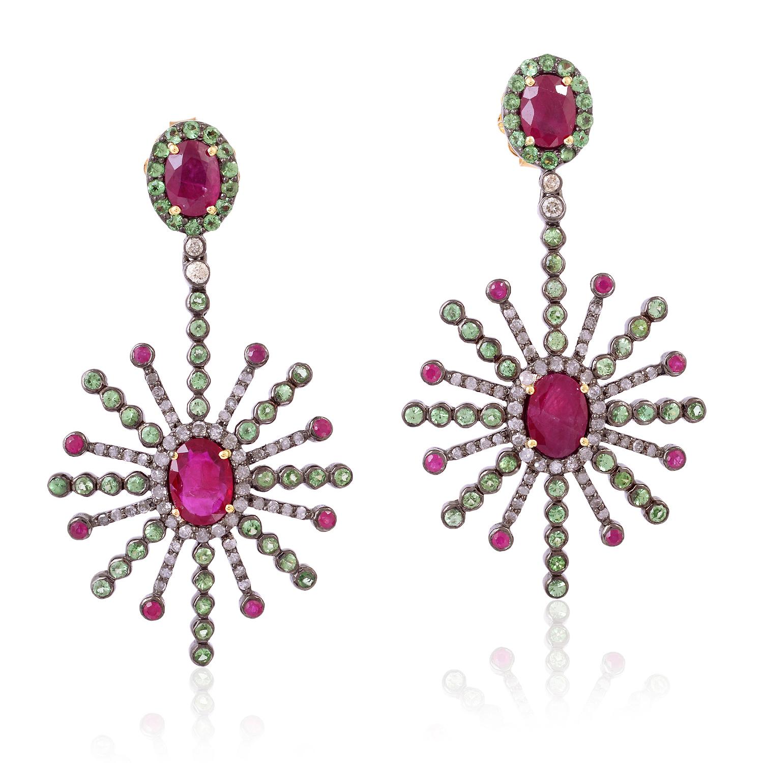 Mixed Cut Starburst Ruby Tsavorite Diamond Earrings For Sale