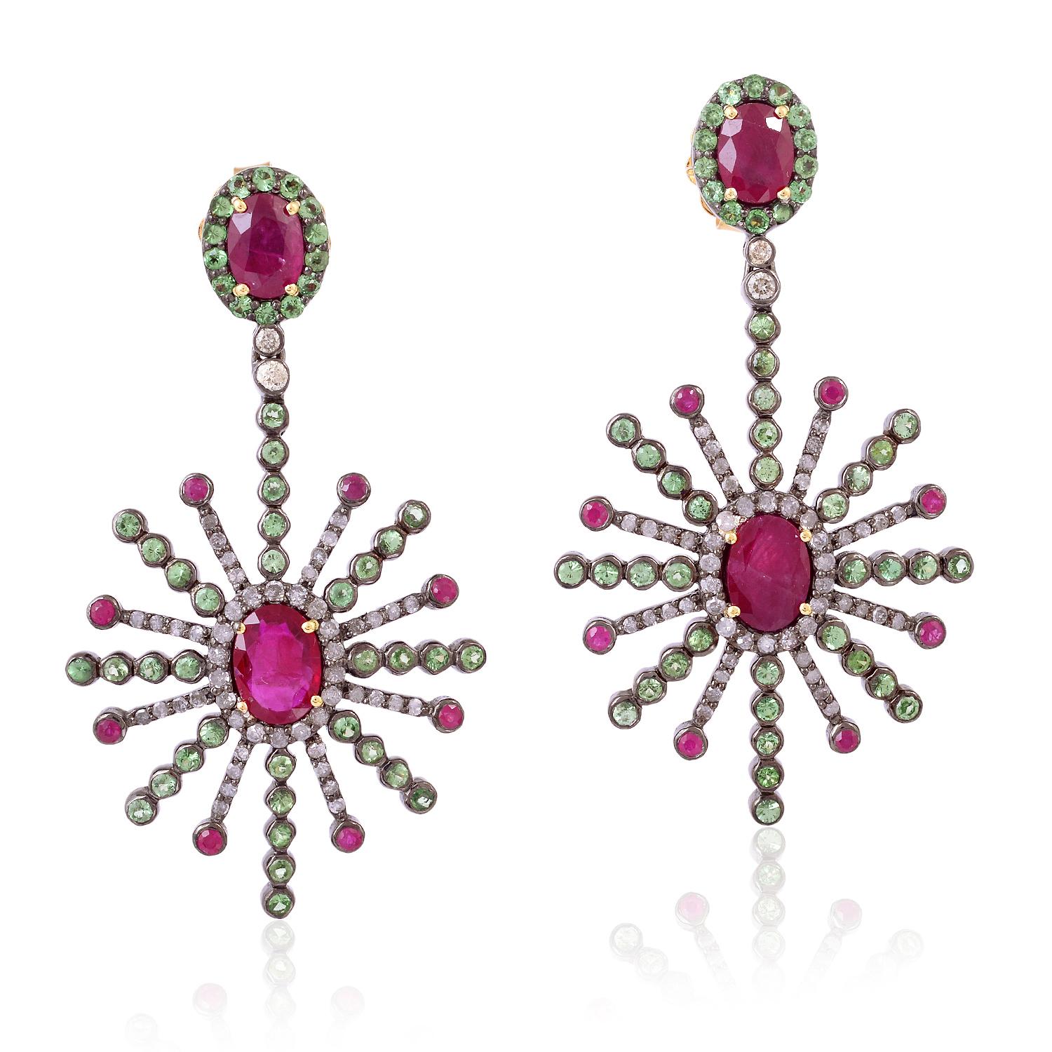 Pendientes Starburst Rubí Tsavorita Diamante Corte mixto en venta