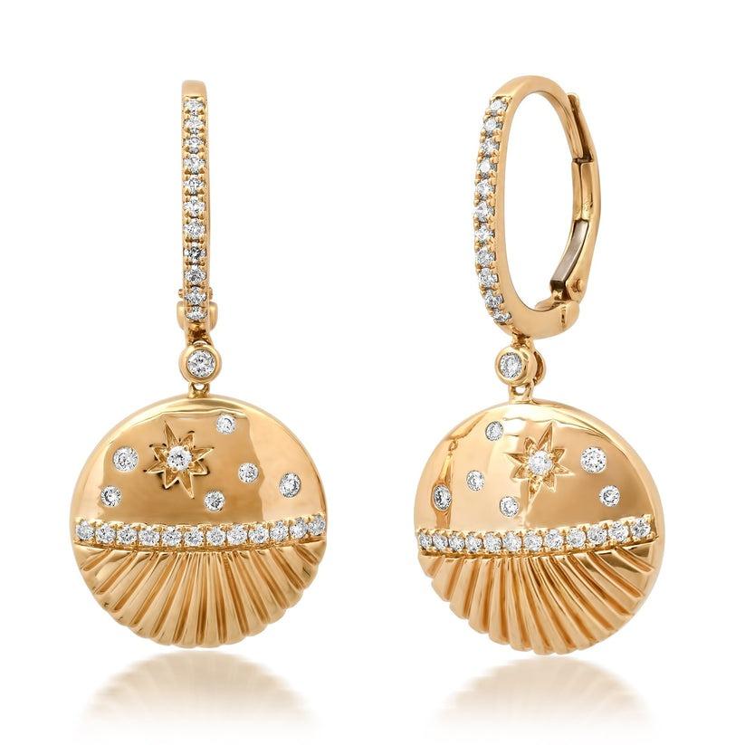 Modern Starburst Shell 14K Yellow Gold Drop Earrings For Sale