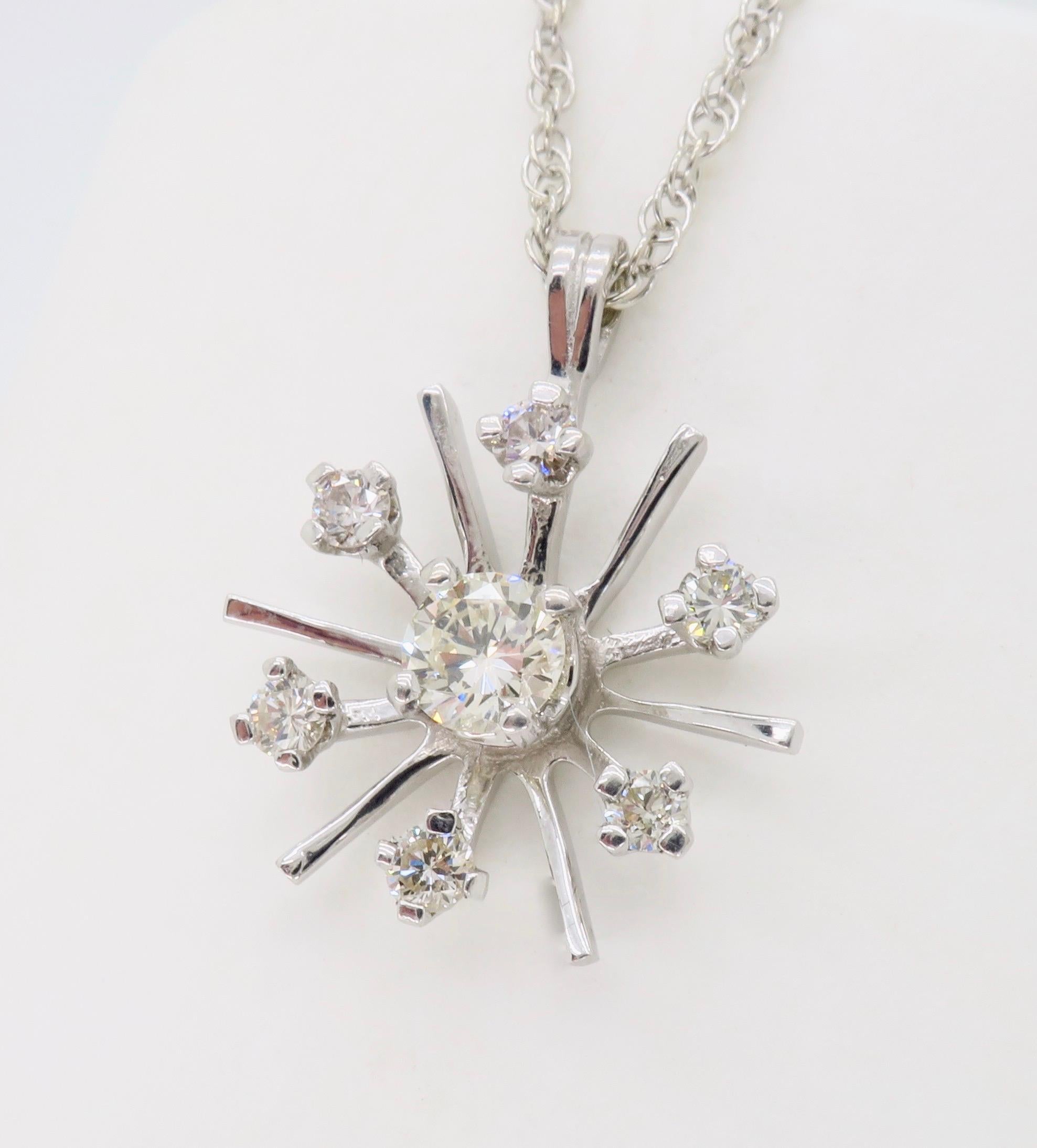Starburst Snowflake Diamond Pendant Necklace In Excellent Condition In Webster, NY