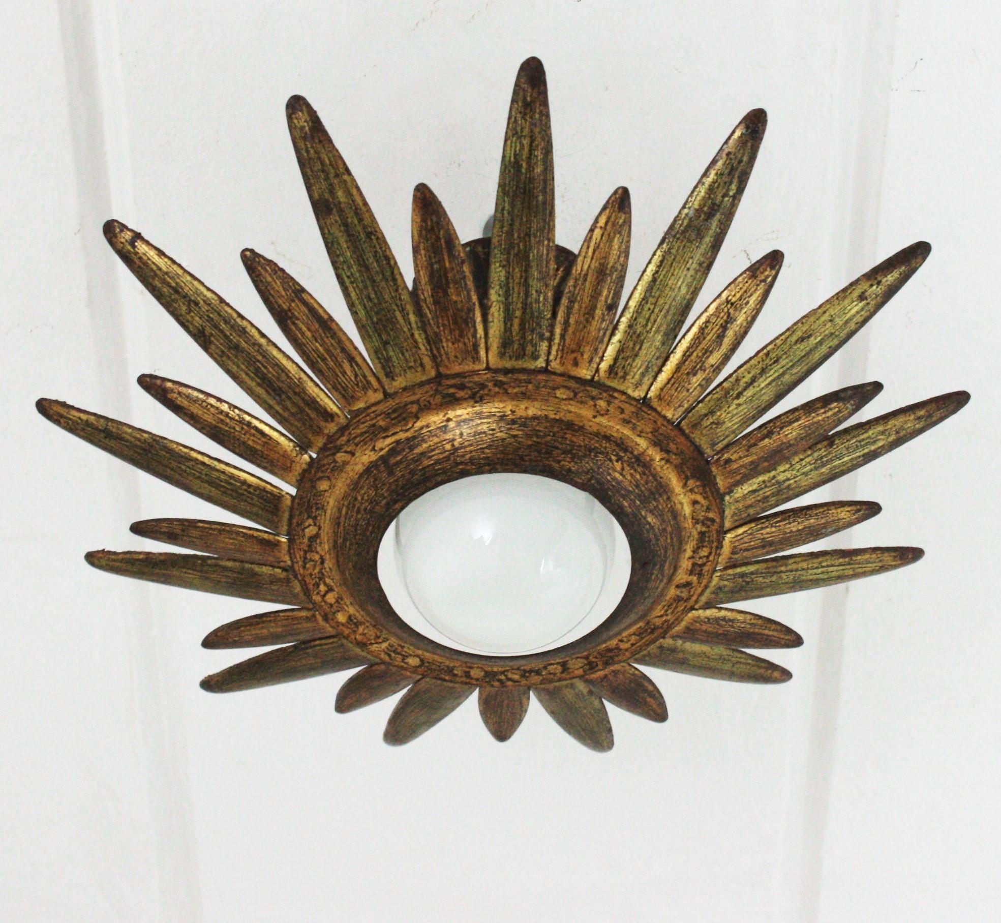 Gold Leaf Sunburst Starburst Light Fixture or Pendant in Gilt Metal