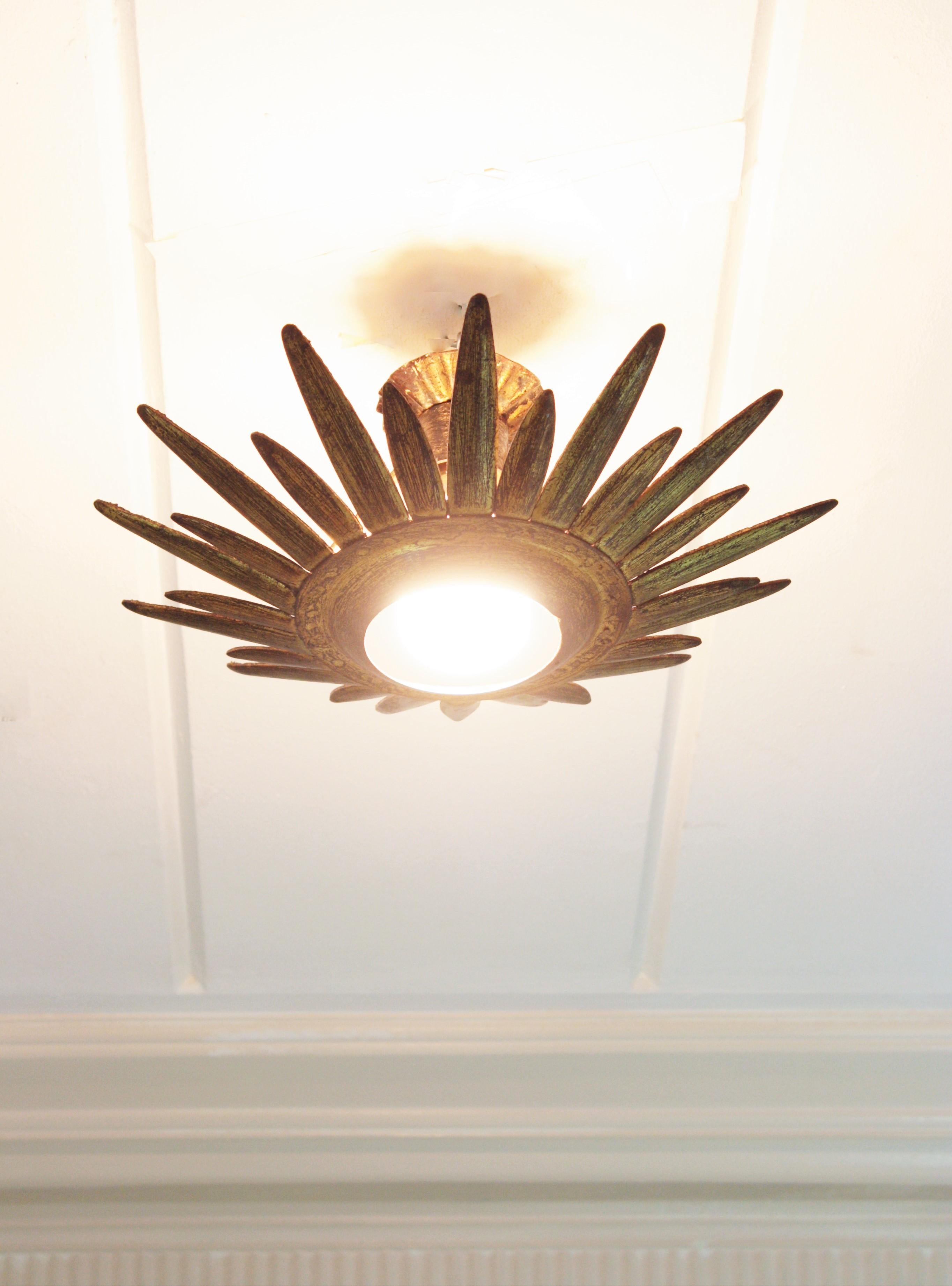 20th Century Sunburst Starburst Light Fixture or Pendant in Gilt Metal