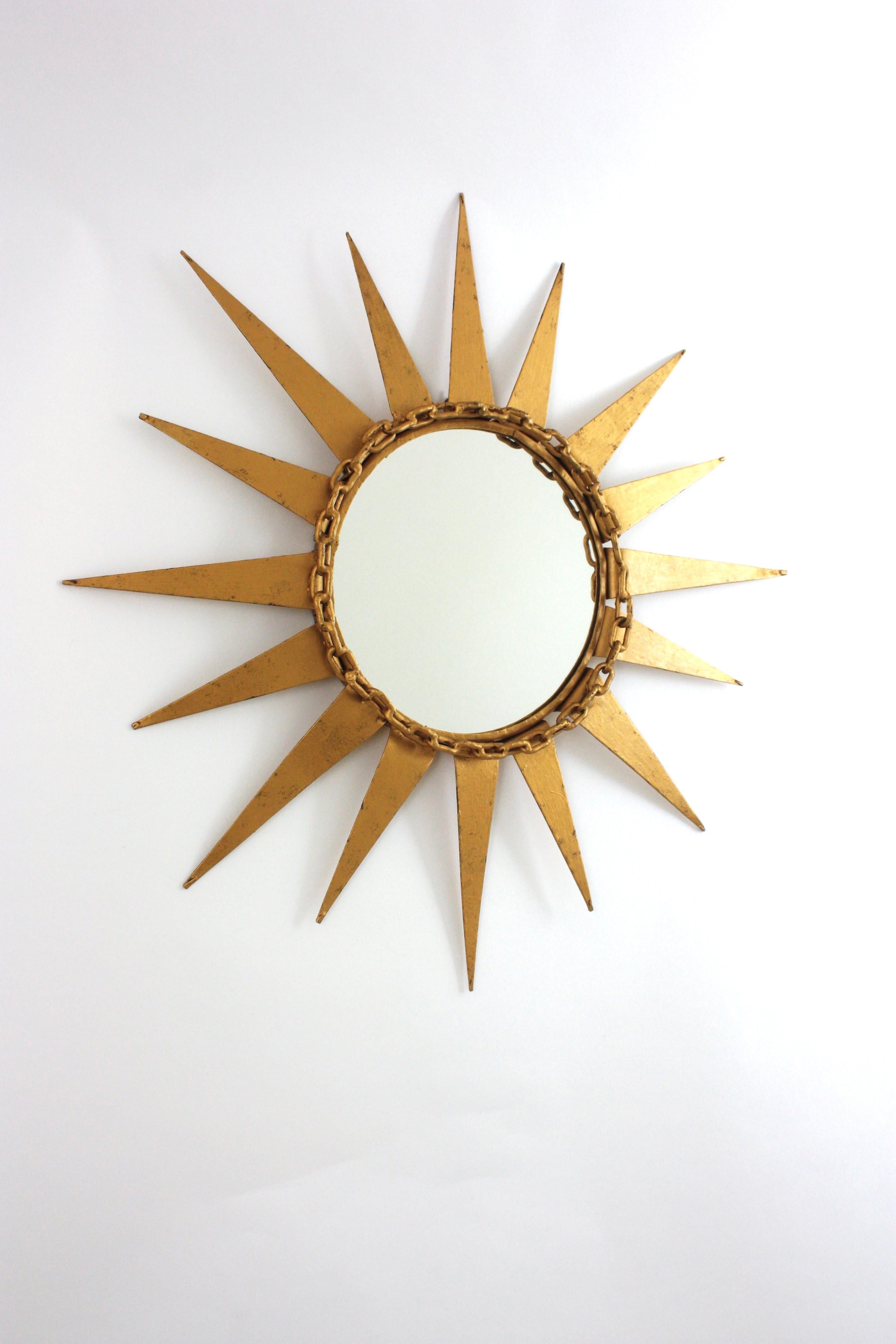 Spanish Starburst Sunburst Mirror in Gilt Iron with Chain Link Motif, Spain 1950s For Sale