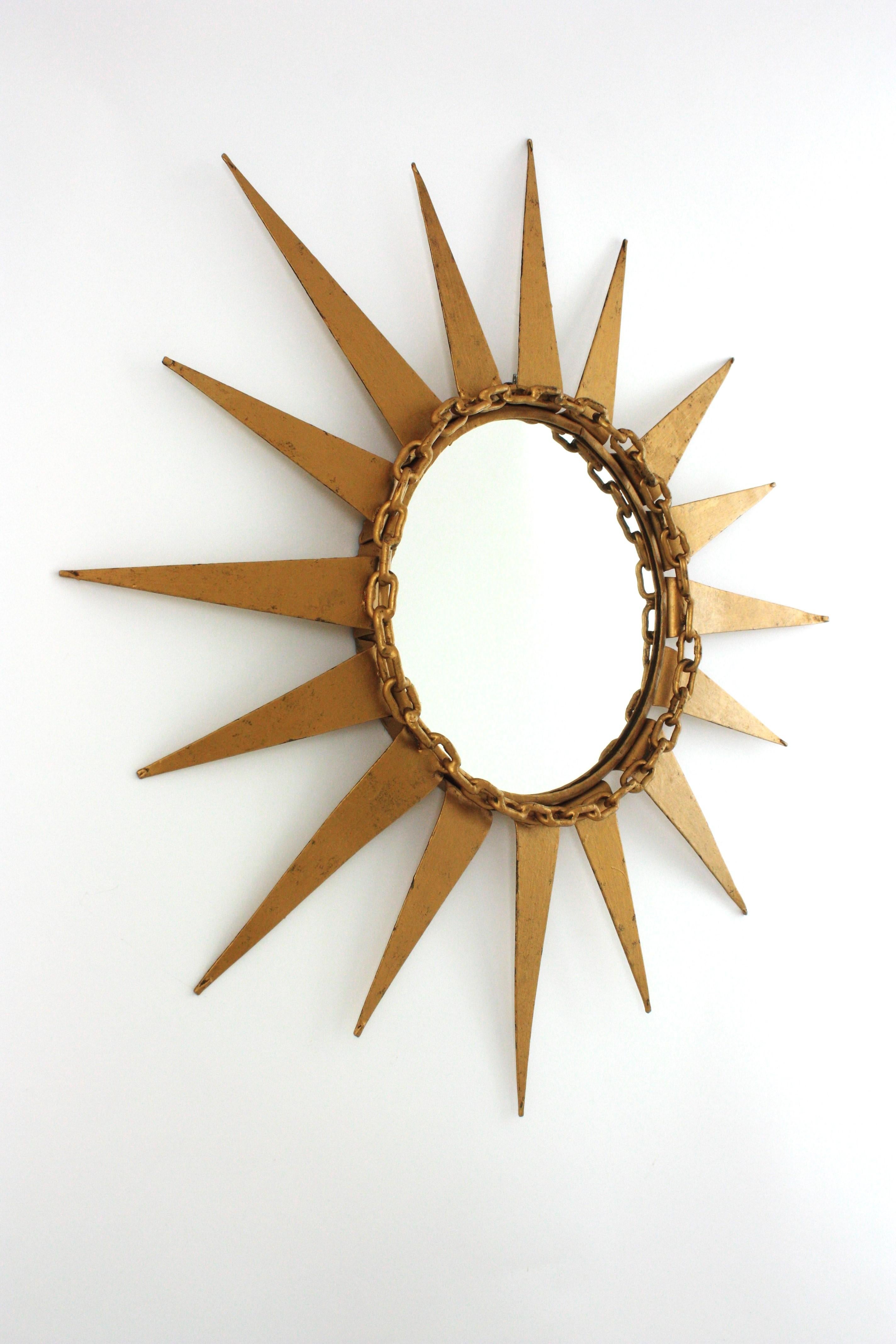 20th Century Starburst Sunburst Mirror in Gilt Iron with Chain Link Motif, Spain 1950s For Sale