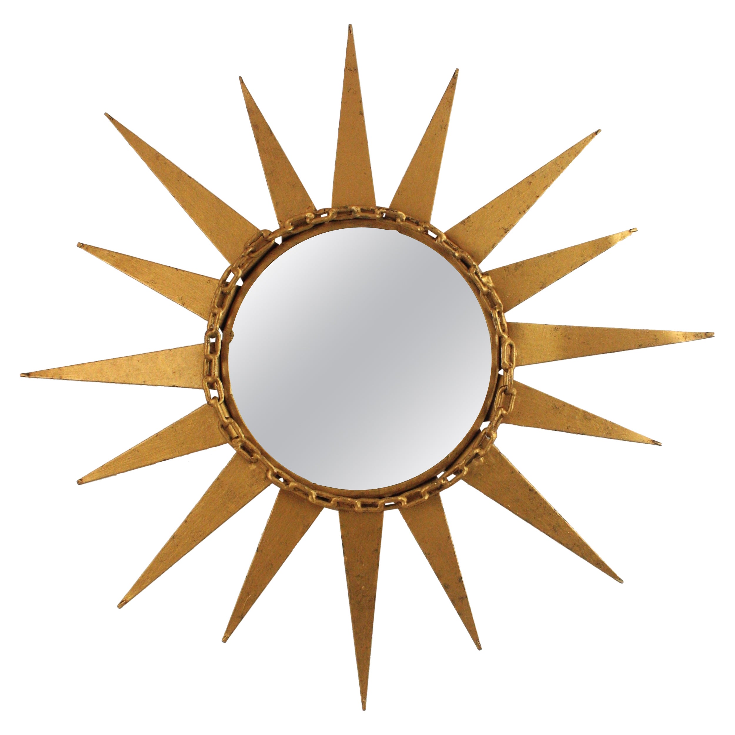 Starburst Sunburst Mirror in Gilt Iron with Chain Link Motif, Spain 1950s