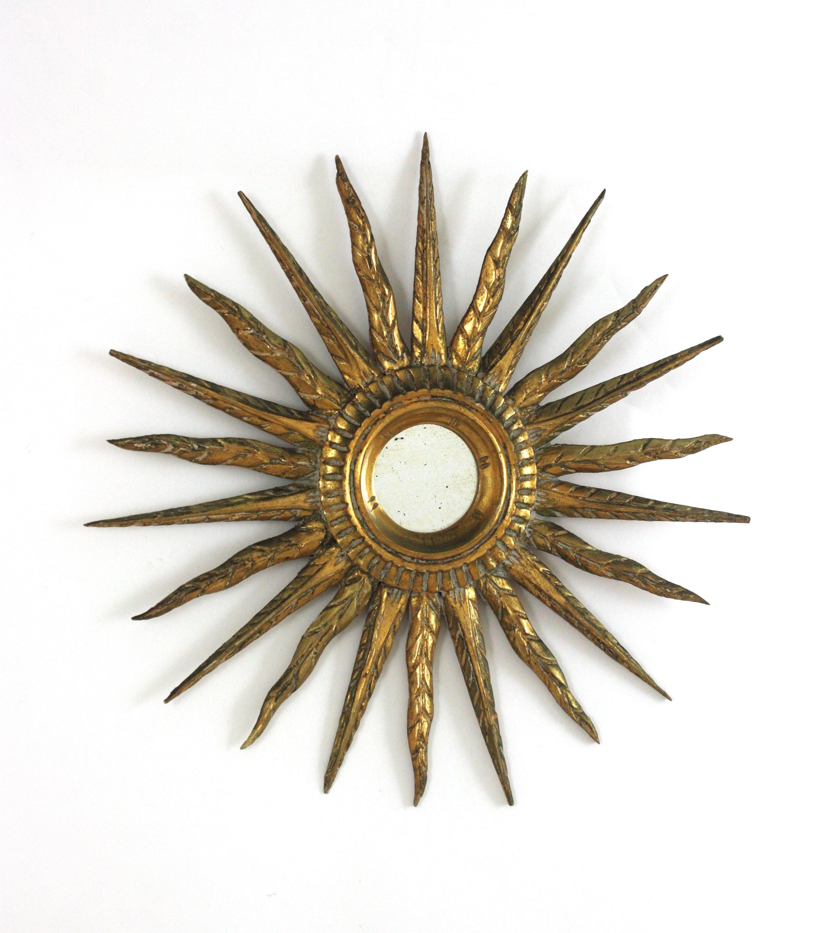 Spanish Starburst Sunburst Mirror in Giltwood, Spain 1940s For Sale