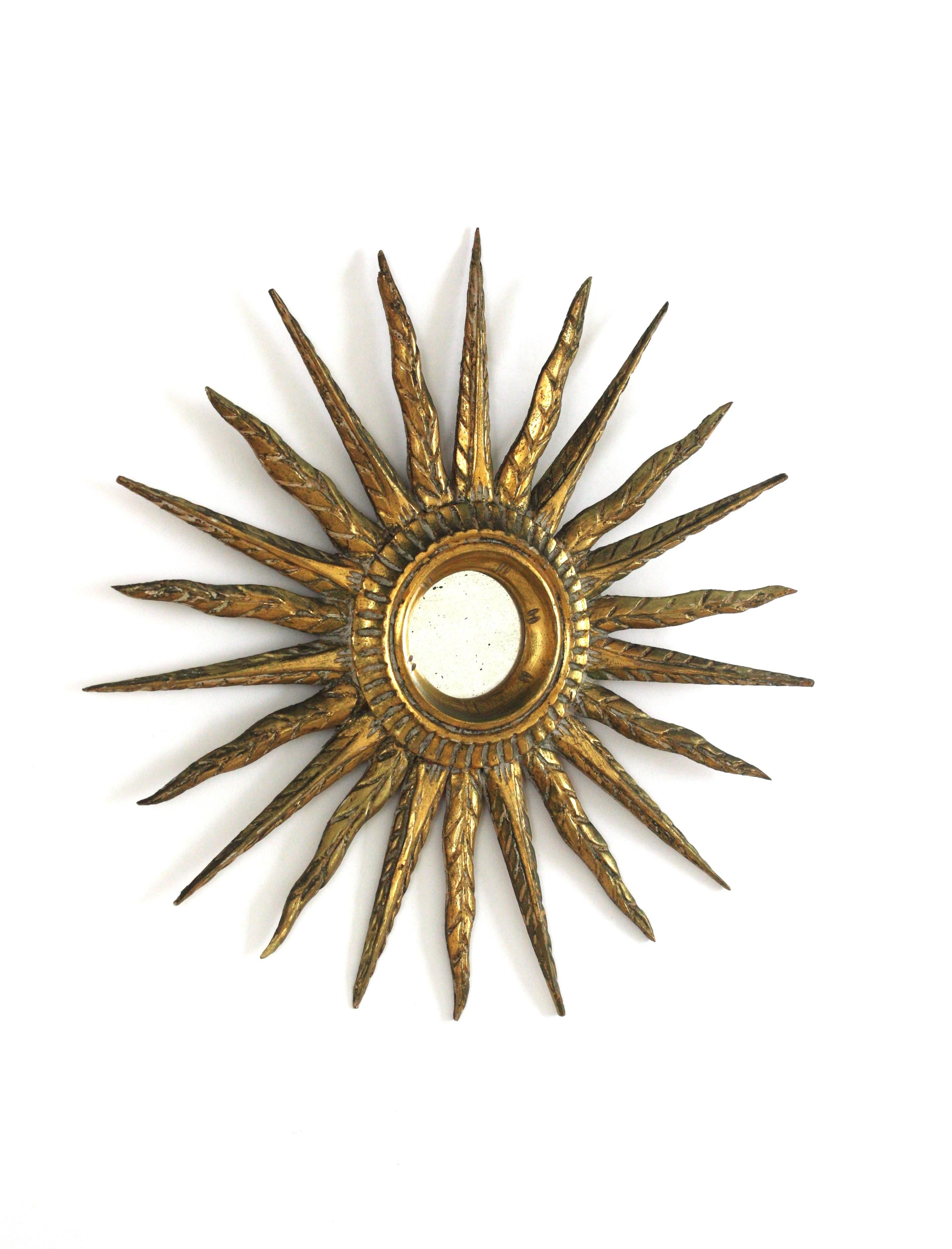 Carved Starburst Sunburst Mirror in Giltwood, Spain 1940s For Sale